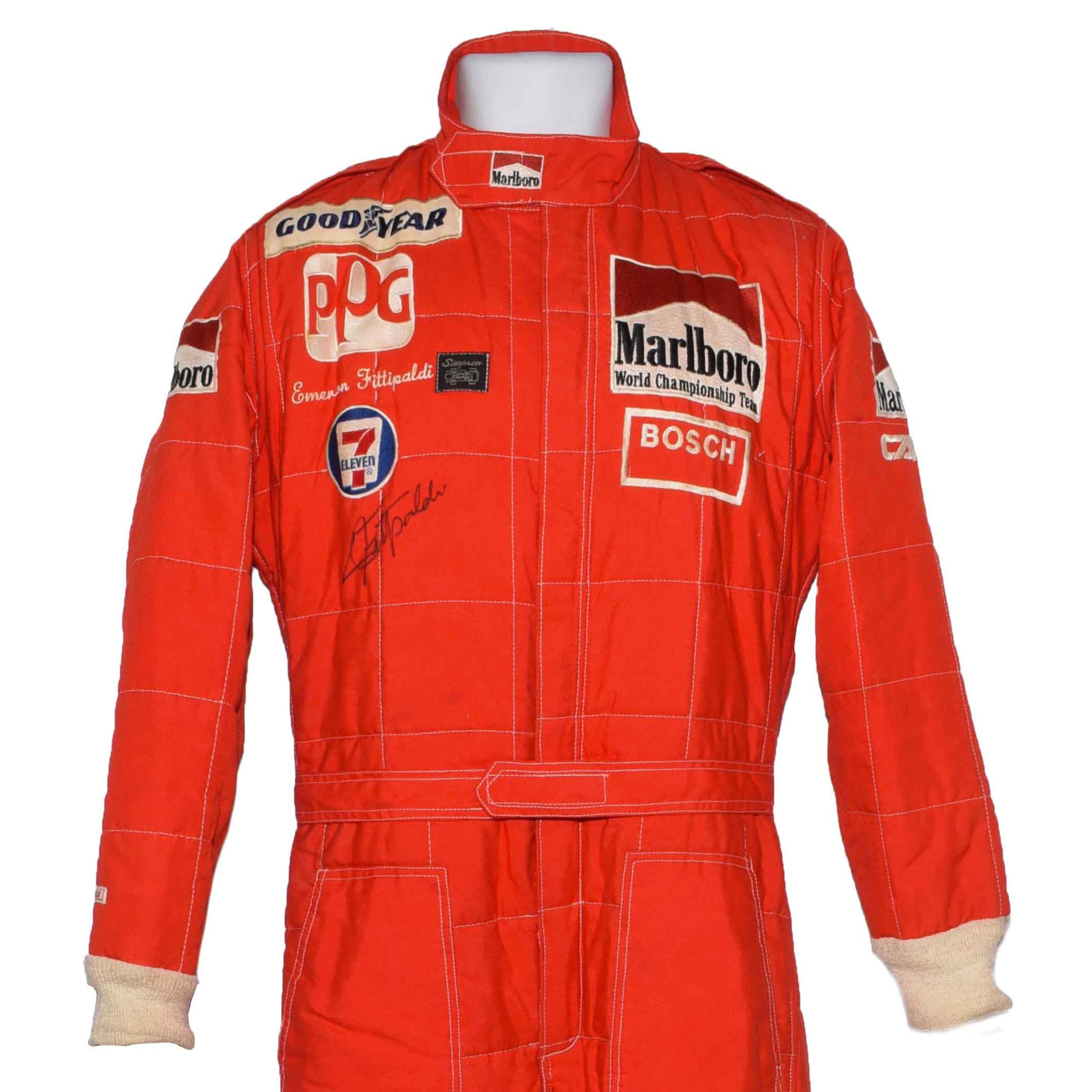 1986 Emerson Fittipaldi Signed Race Used Marlboro Patrick Racing IndyCar Suit