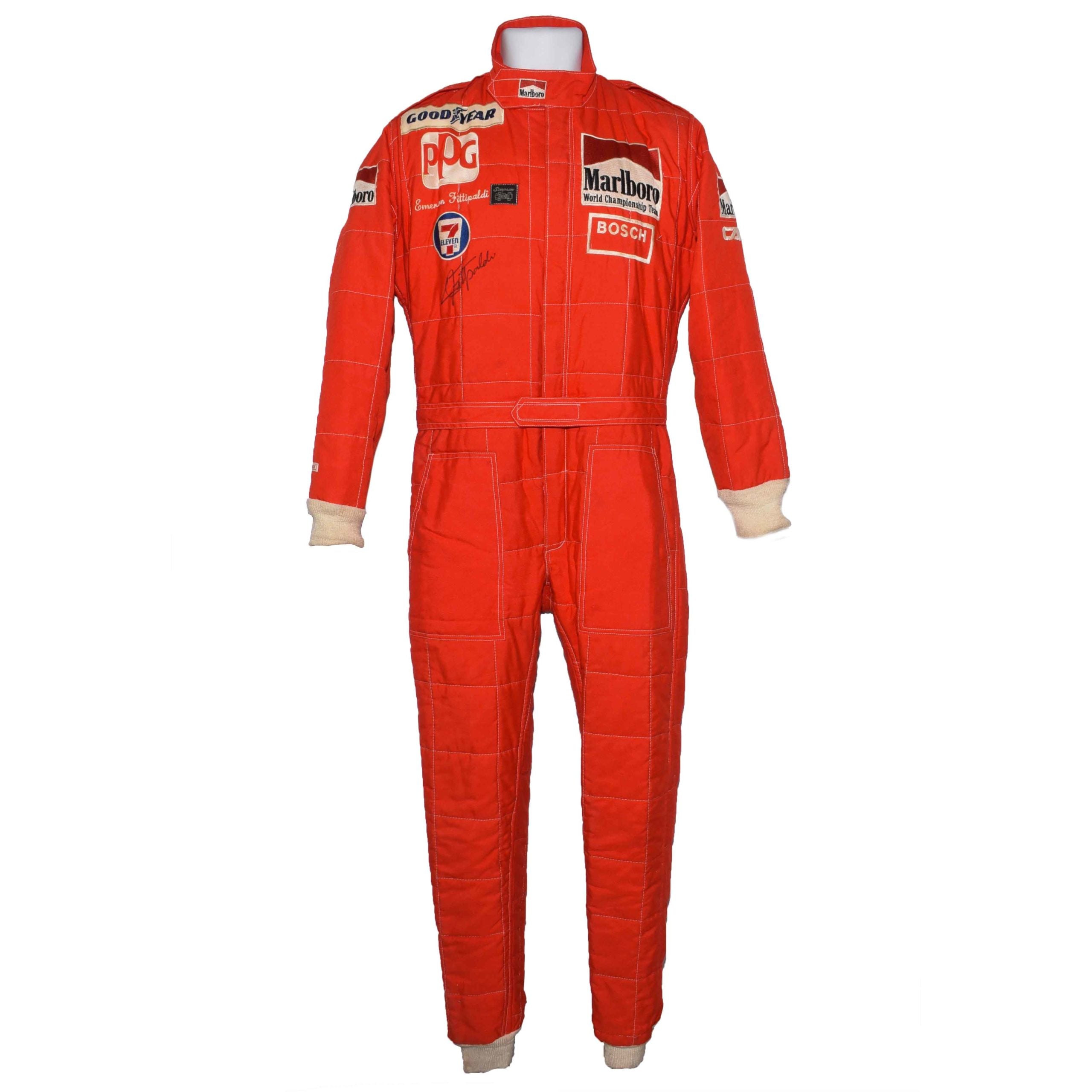 1986 Emerson Fittipaldi Signed Race Used Marlboro Patrick Racing IndyCar Suit