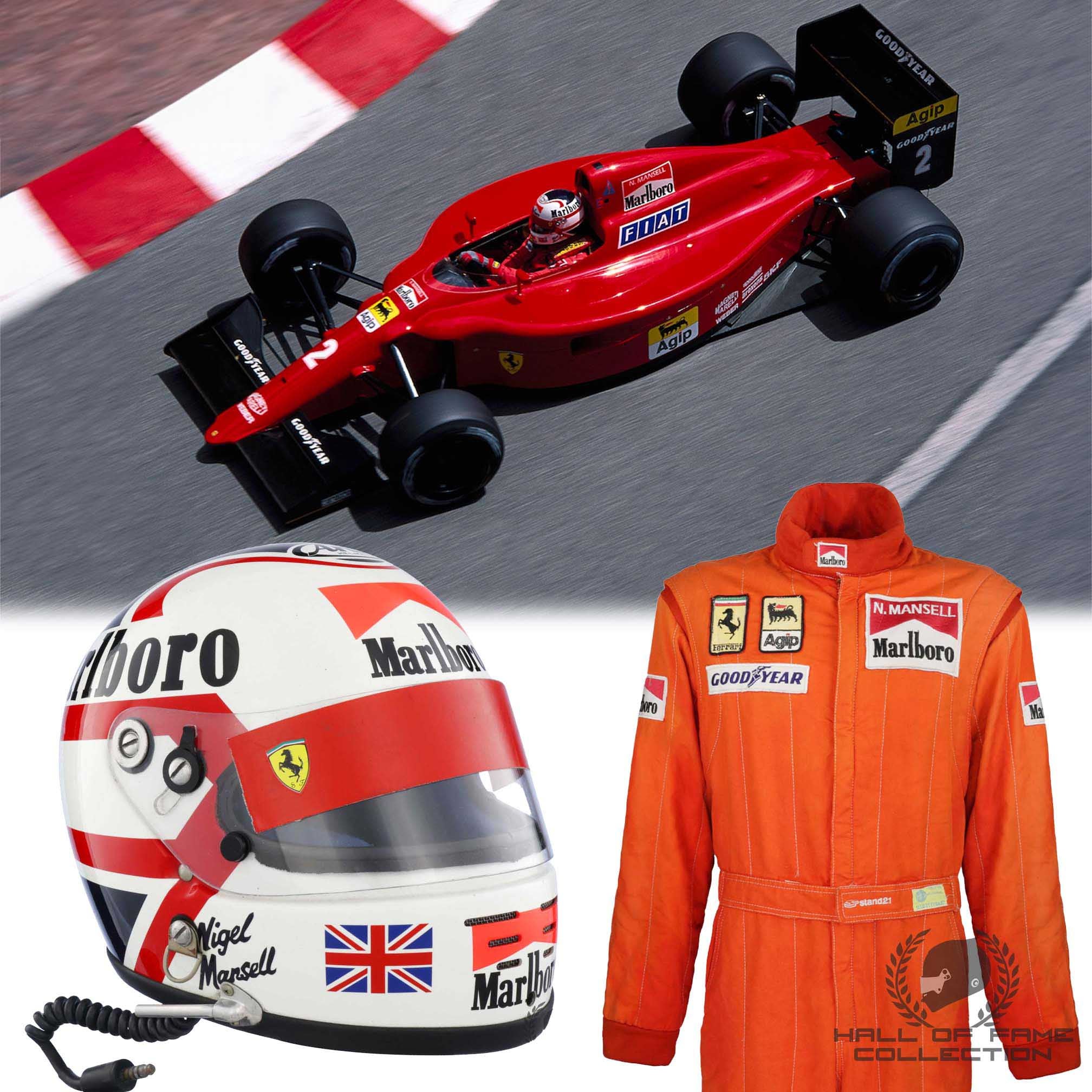 1989/90 Nigel Mansell Race Used USA / Brazil / Monaco Grand Prix Scuderia Ferrari F1 Helmet with Scuderia Ferrari F1 Suit