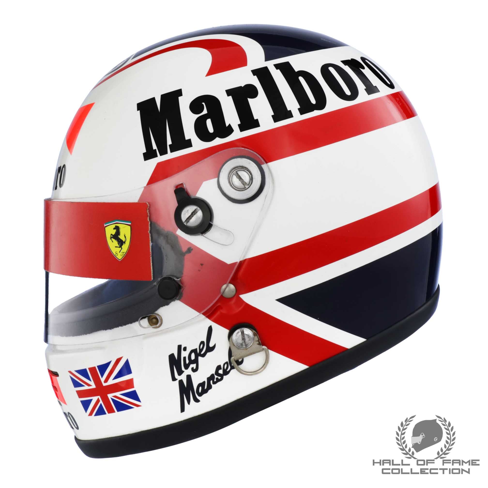 1989/90 Nigel Mansell Race Used USA / Brazil / Monaco Grand Prix Scuderia Ferrari F1 Helmet with Scuderia Ferrari F1 Suit