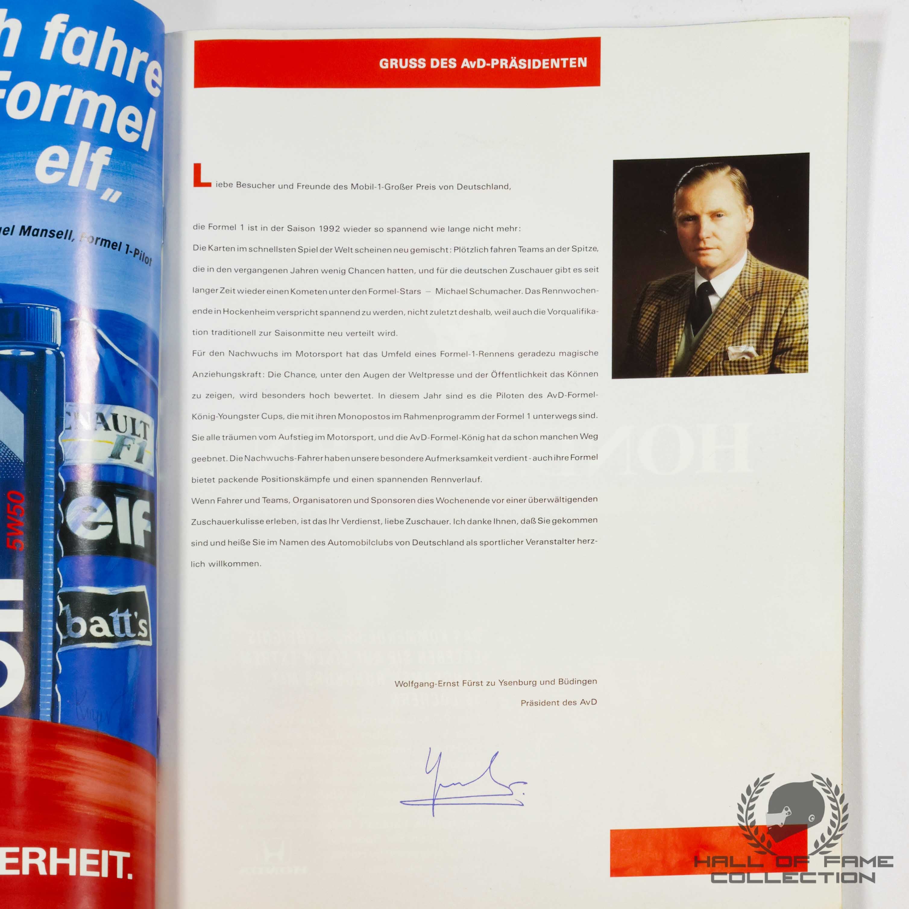 1992 Multi Signed German Grand Prix F1 Program