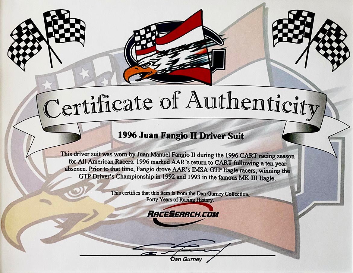1996 Juan Fangio II Signed Race Used AAR CART IndyCar Suit