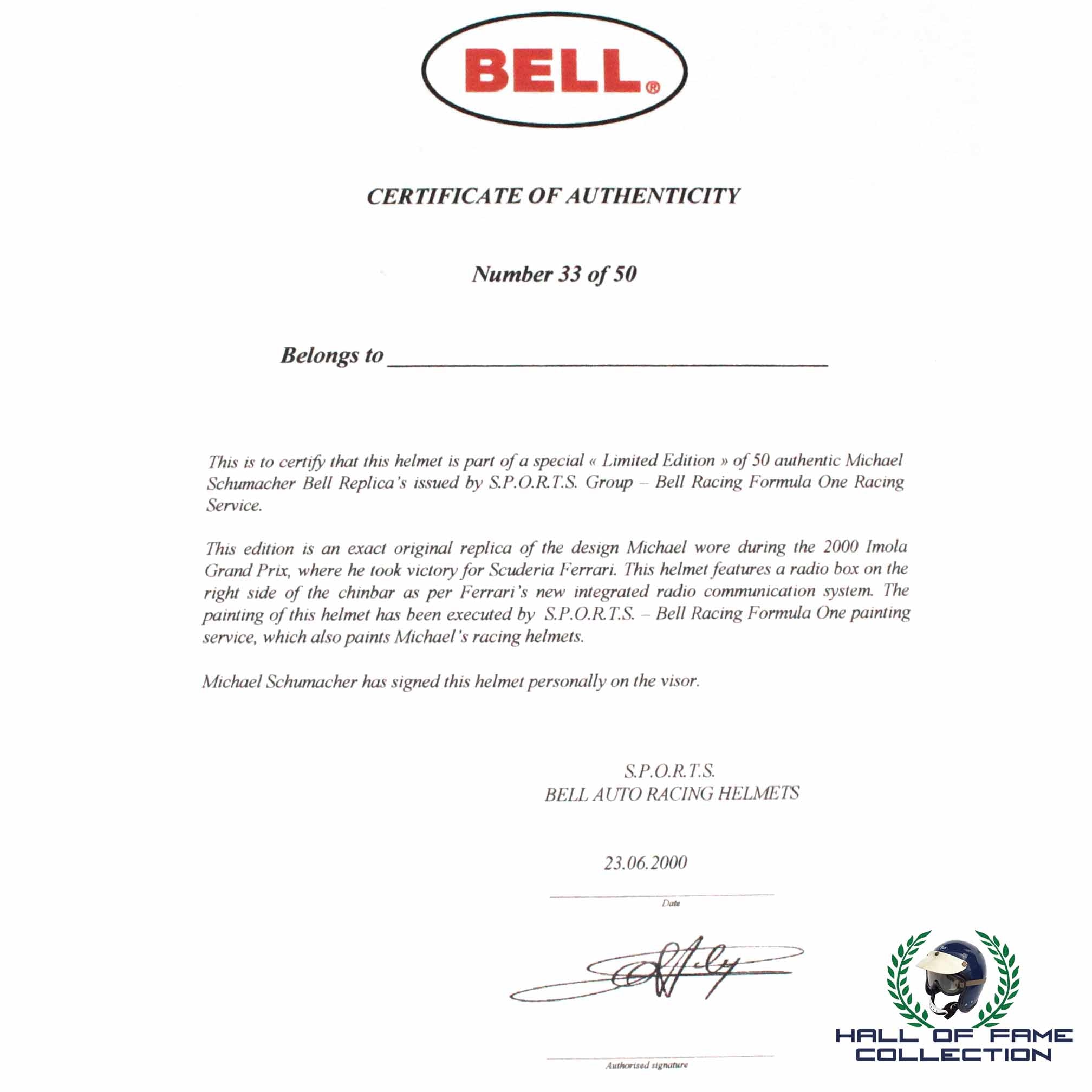 2000 Michael Schumacher Signed San Marino GP Win Scuderia Ferrari Limited Edition 33/50 Bell Series Replica F1 Helmet