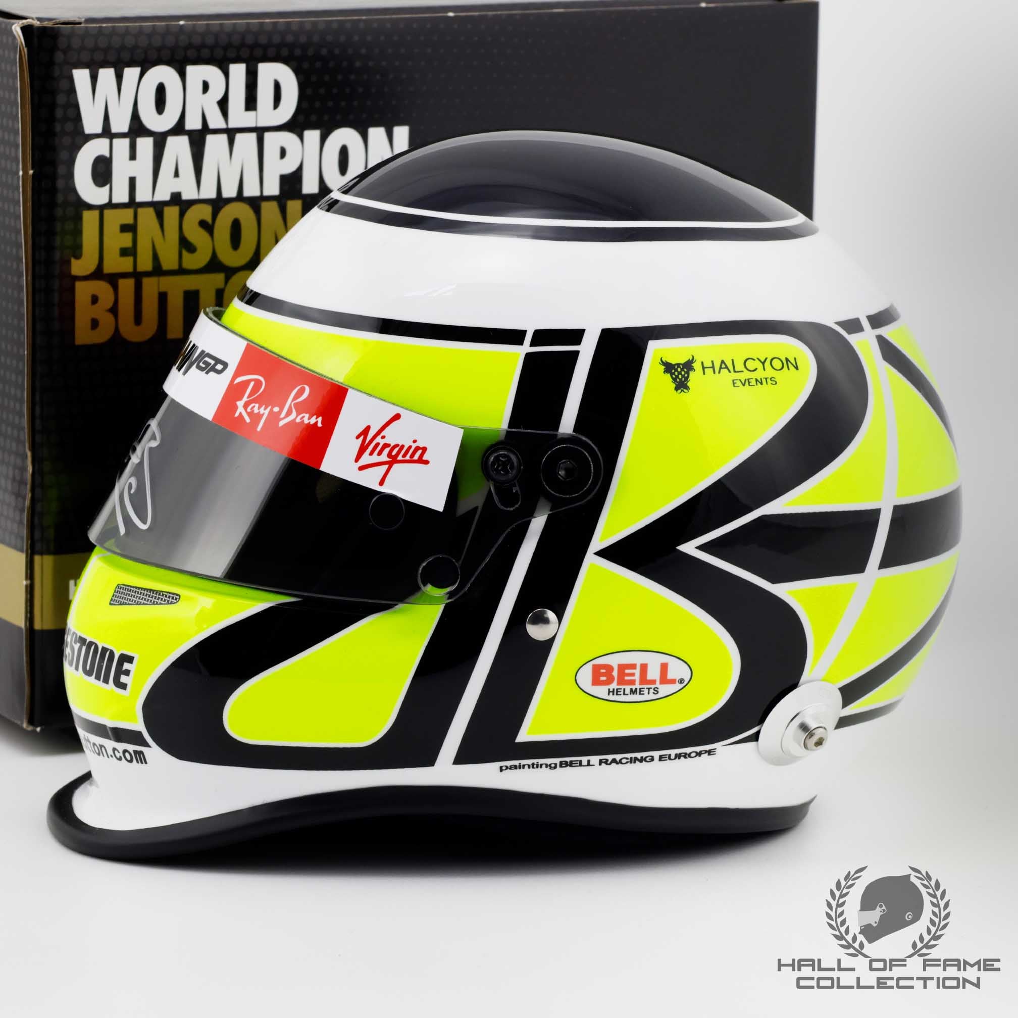 2009 Jenson Button Signed 1:2 Scale Bell Brawn GP F1 Helmet