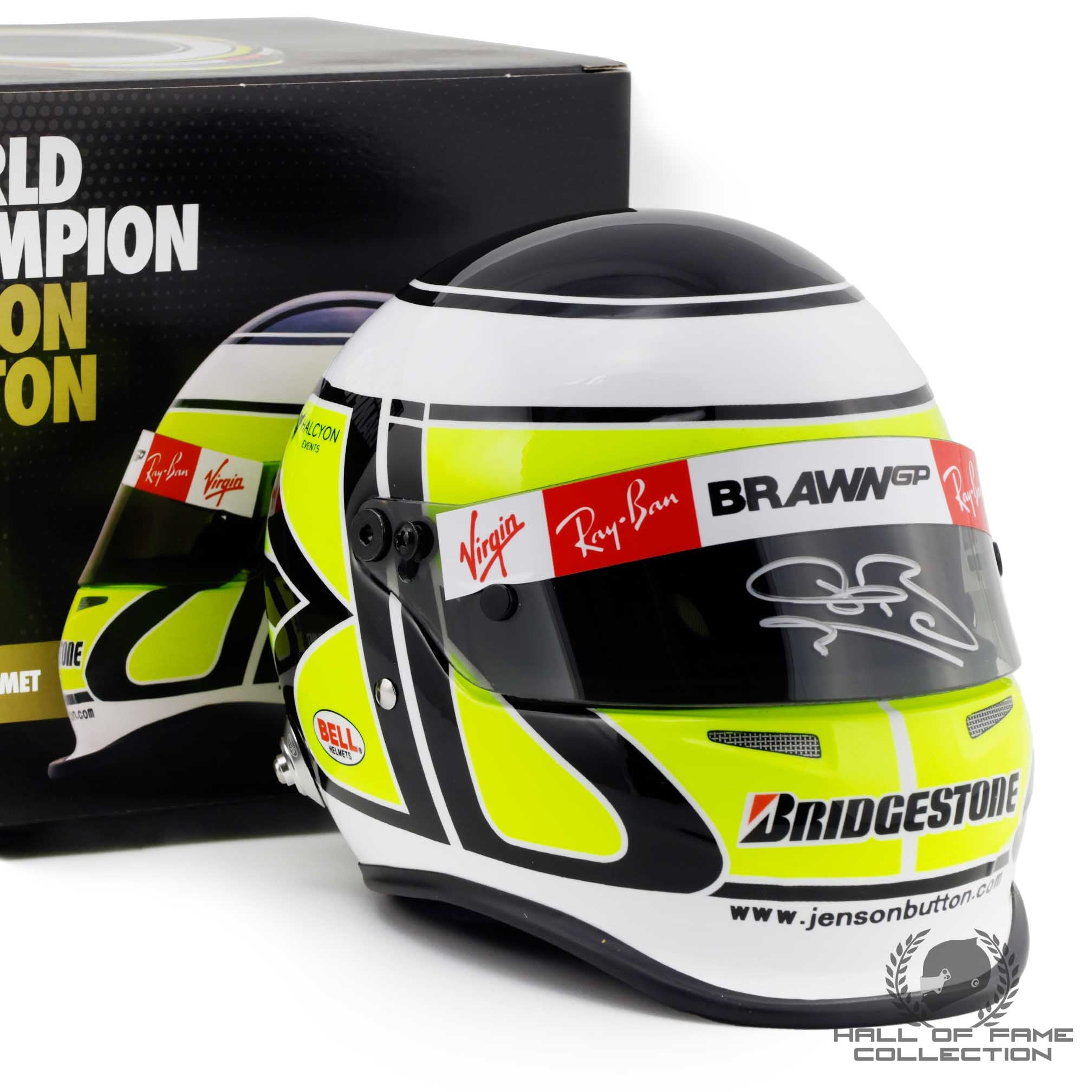 2009 Jenson Button Signed 1:2 Scale Bell Brawn GP F1 Helmet