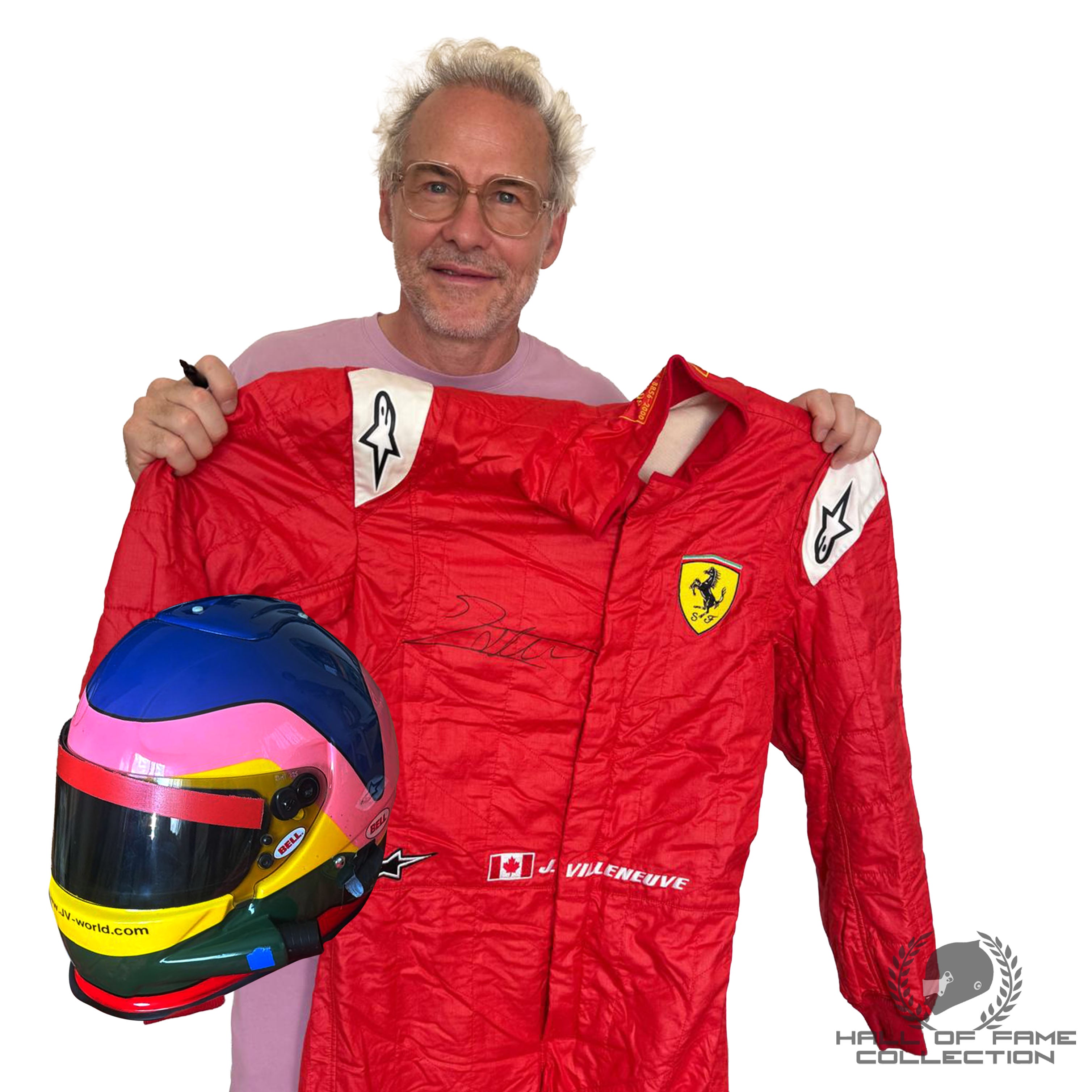 2012 Jacques Villeneuve Signed Used 30th Anniversary Ferrari F1 Suit & Helmet
