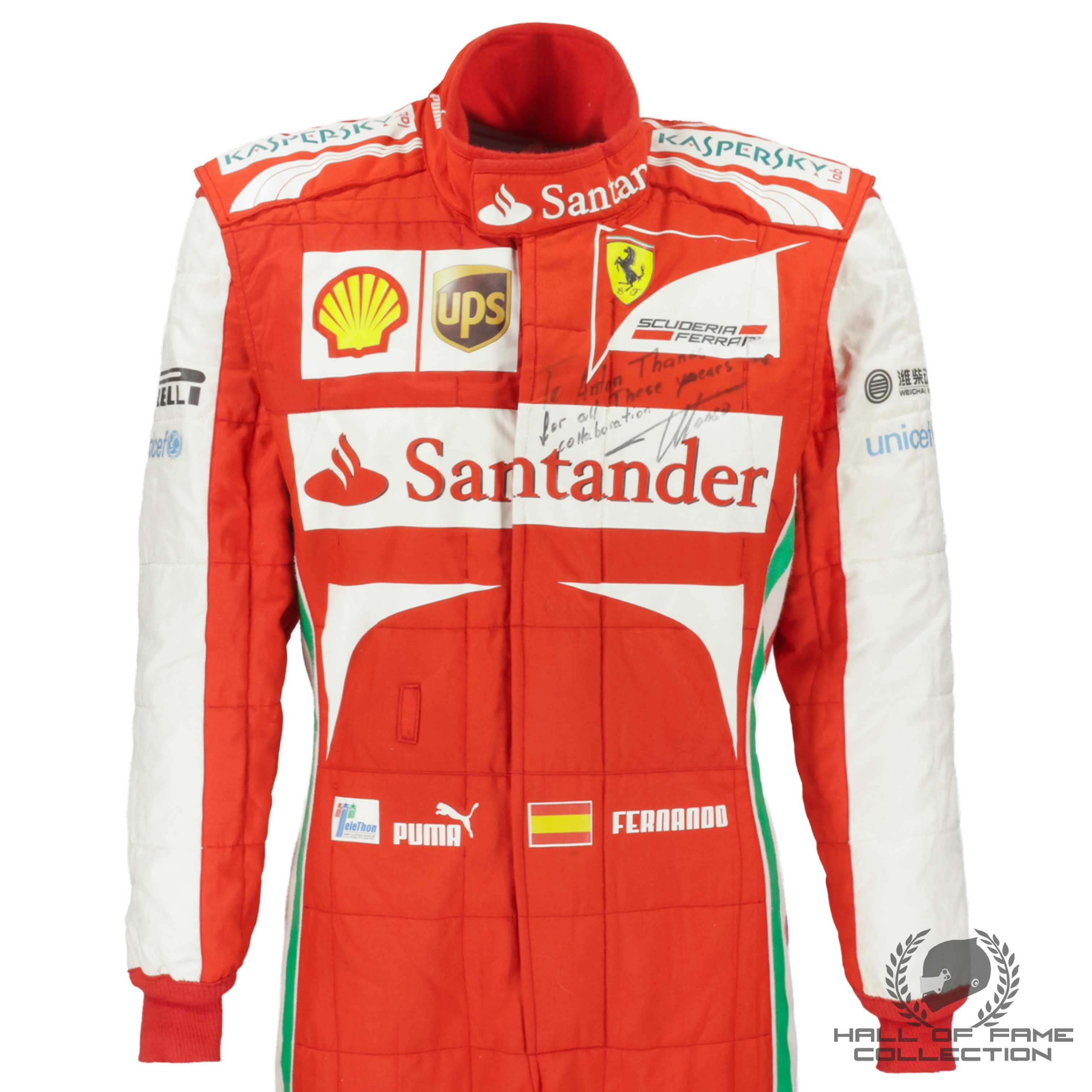 2013 Fernando Alonso Signed Race Used Scuderia Ferrari F1 Suit