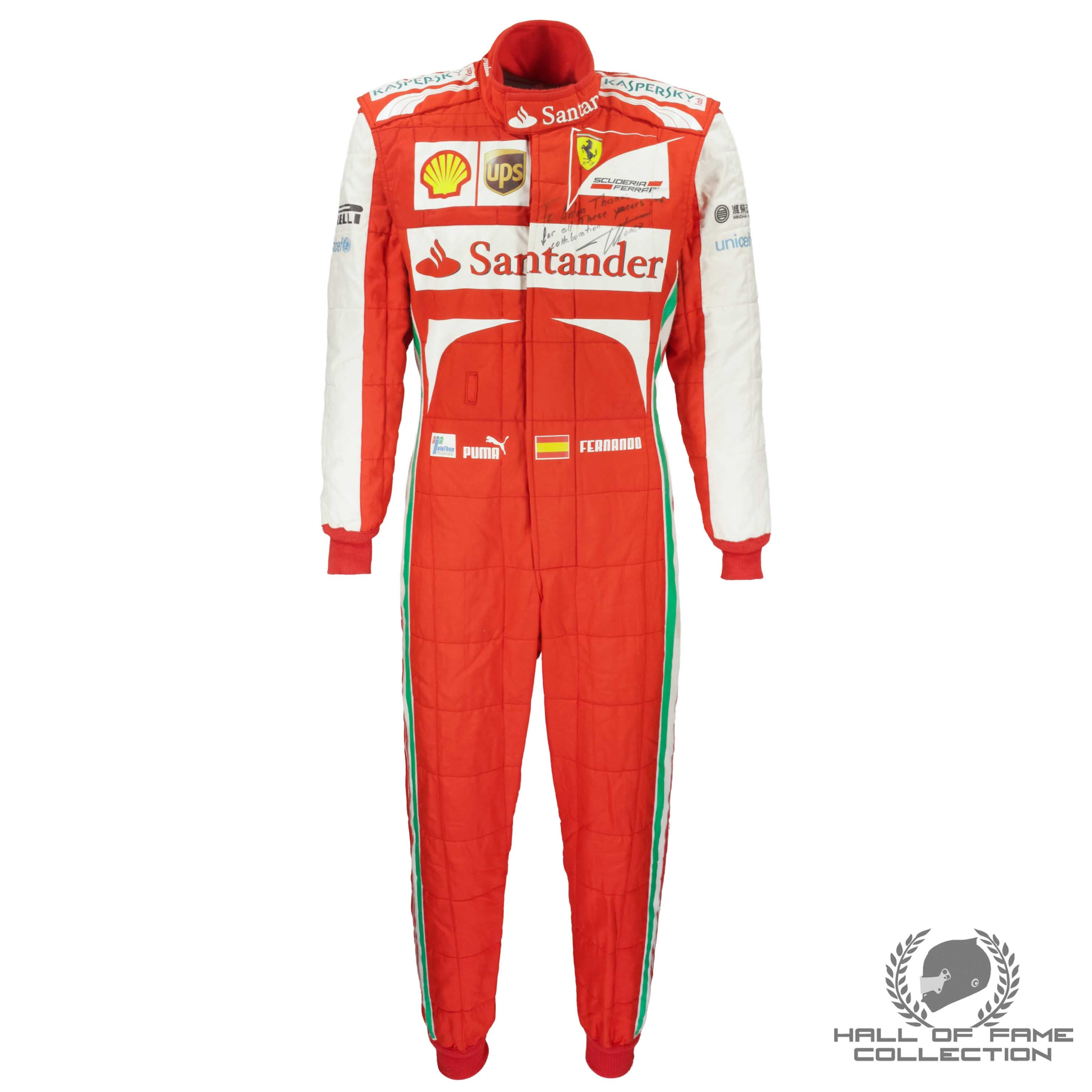2013 Fernando Alonso Signed Race Used Scuderia Ferrari F1 Suit