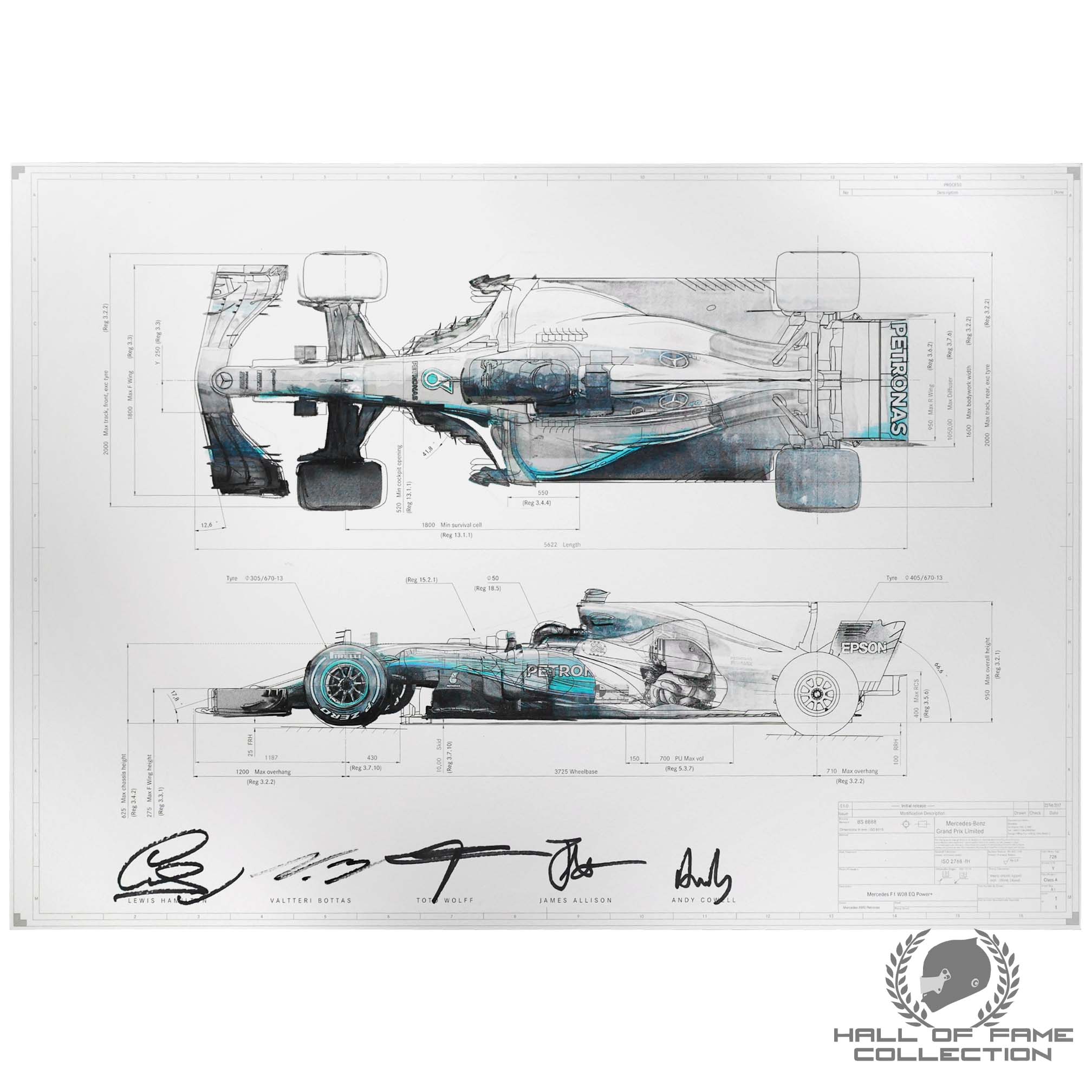 2017 Lewis Hamilton Valtteri Bottas Toto Wolff James Allison Andy Cowell Signed Mercedes W08 F1 Print