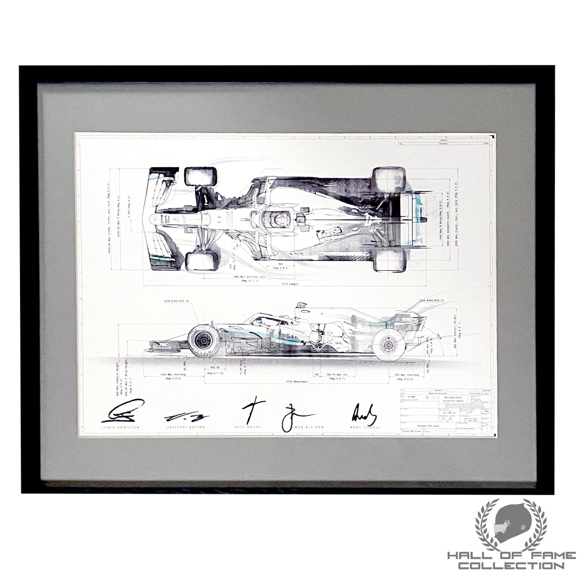 2017 Lewis Hamilton Valtteri Bottas Toto Wolff James Allison Andy Cowell Signed Mercedes W08 F1 Print