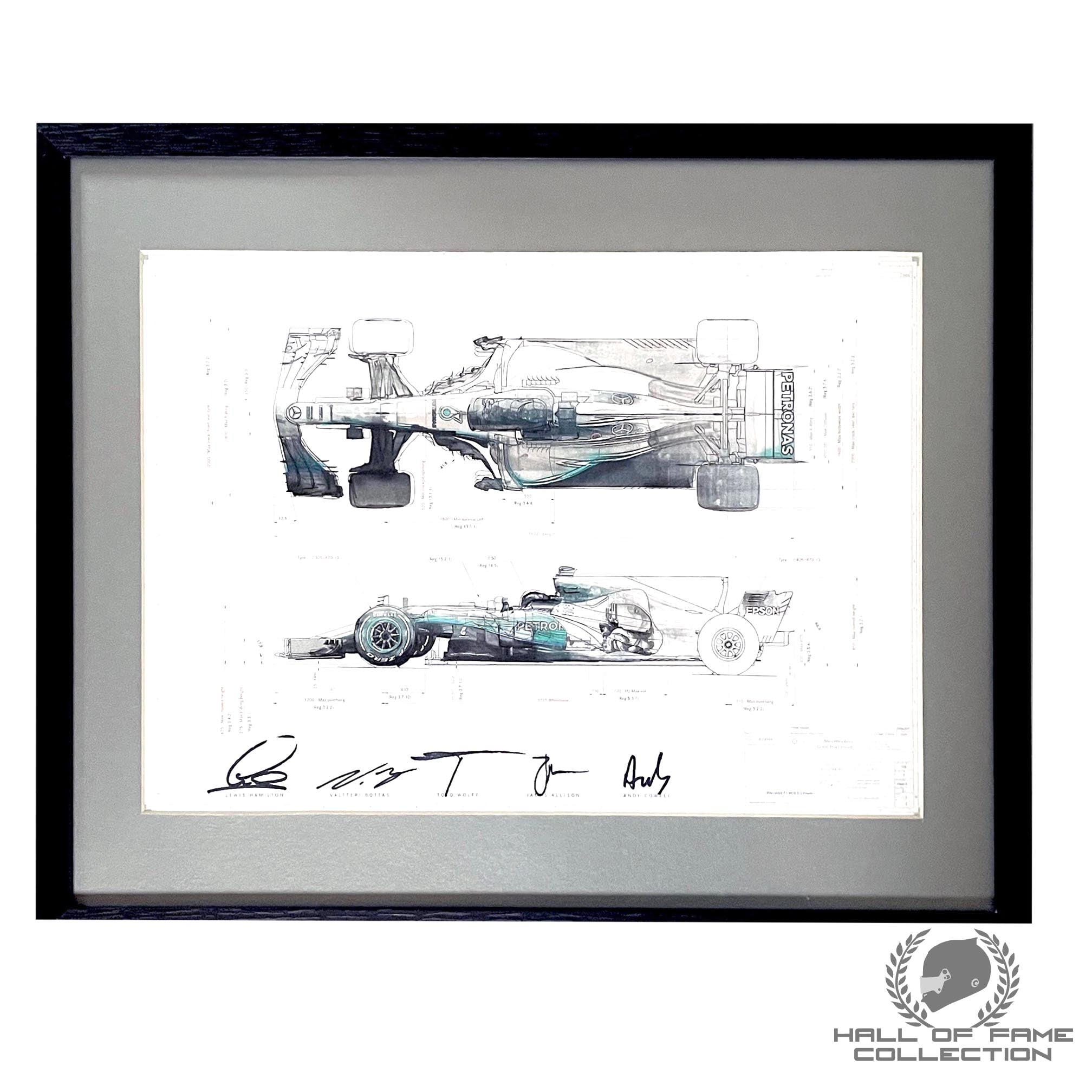 2017 Lewis Hamilton Valtteri Bottas Toto Wolff James Allison Andy Cowell Signed Mercedes W08 F1 Print