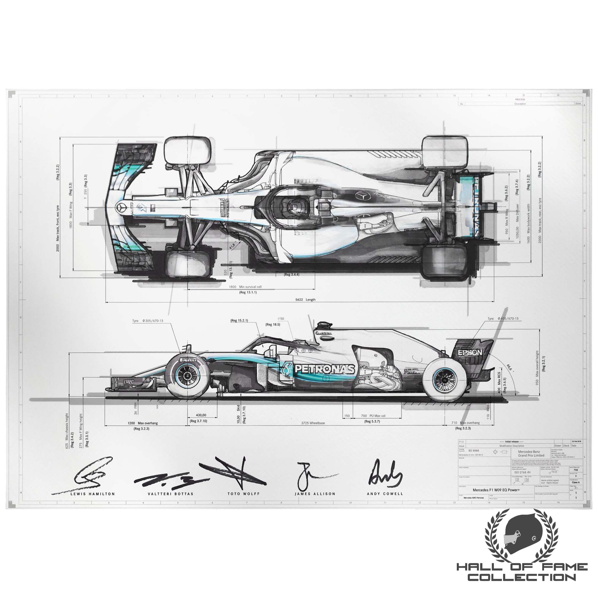 2018 Lewis Hamilton Valtteri Bottas Toto Wolff James Allison Andy Cowell Signed Mercedes W09 F1 Print