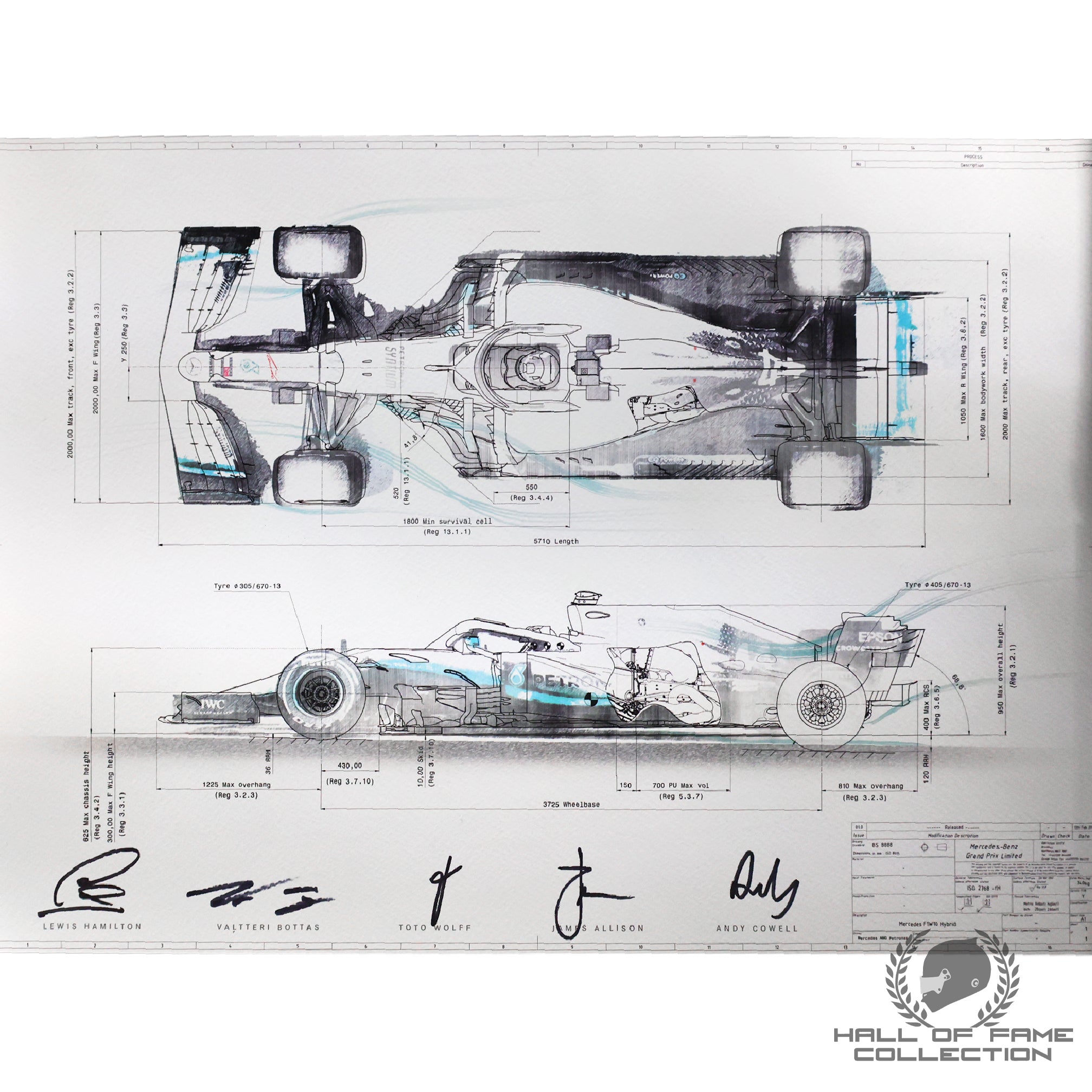 2019 Lewis Hamilton Valtteri Bottas Toto Wolff James Allison Andy Cowell Signed Mercedes W10 F1 Print