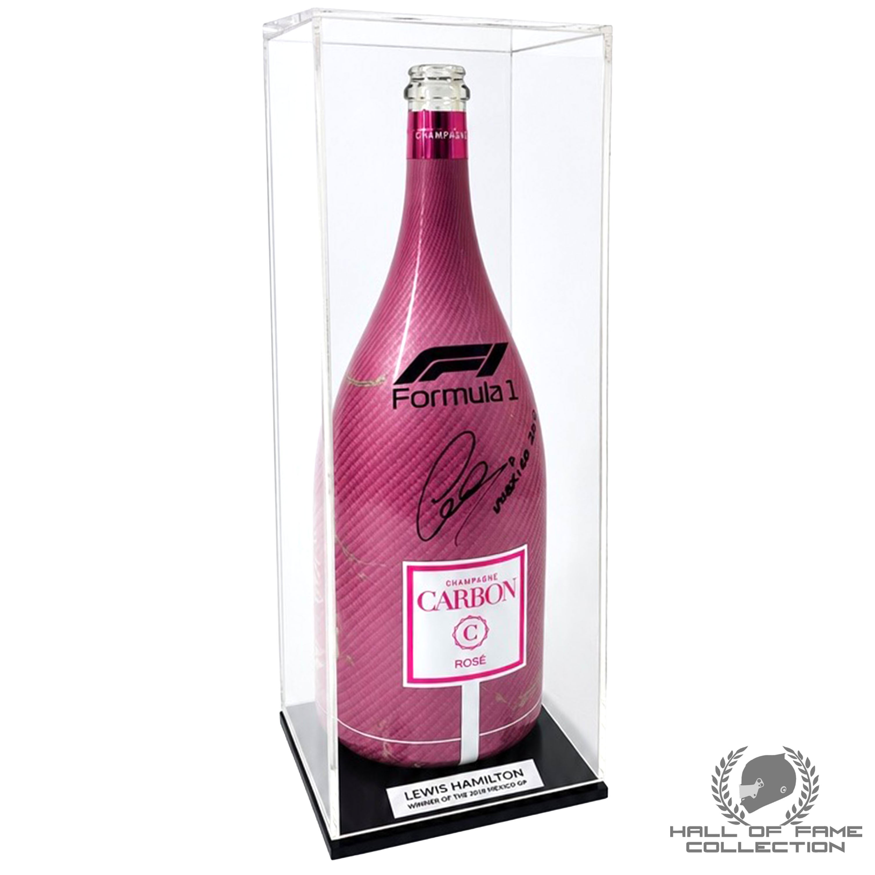2019 Lewis Hamilton Signed Mexican GP Paddock Club Used F1 Carbon Pink Champagne Bottle