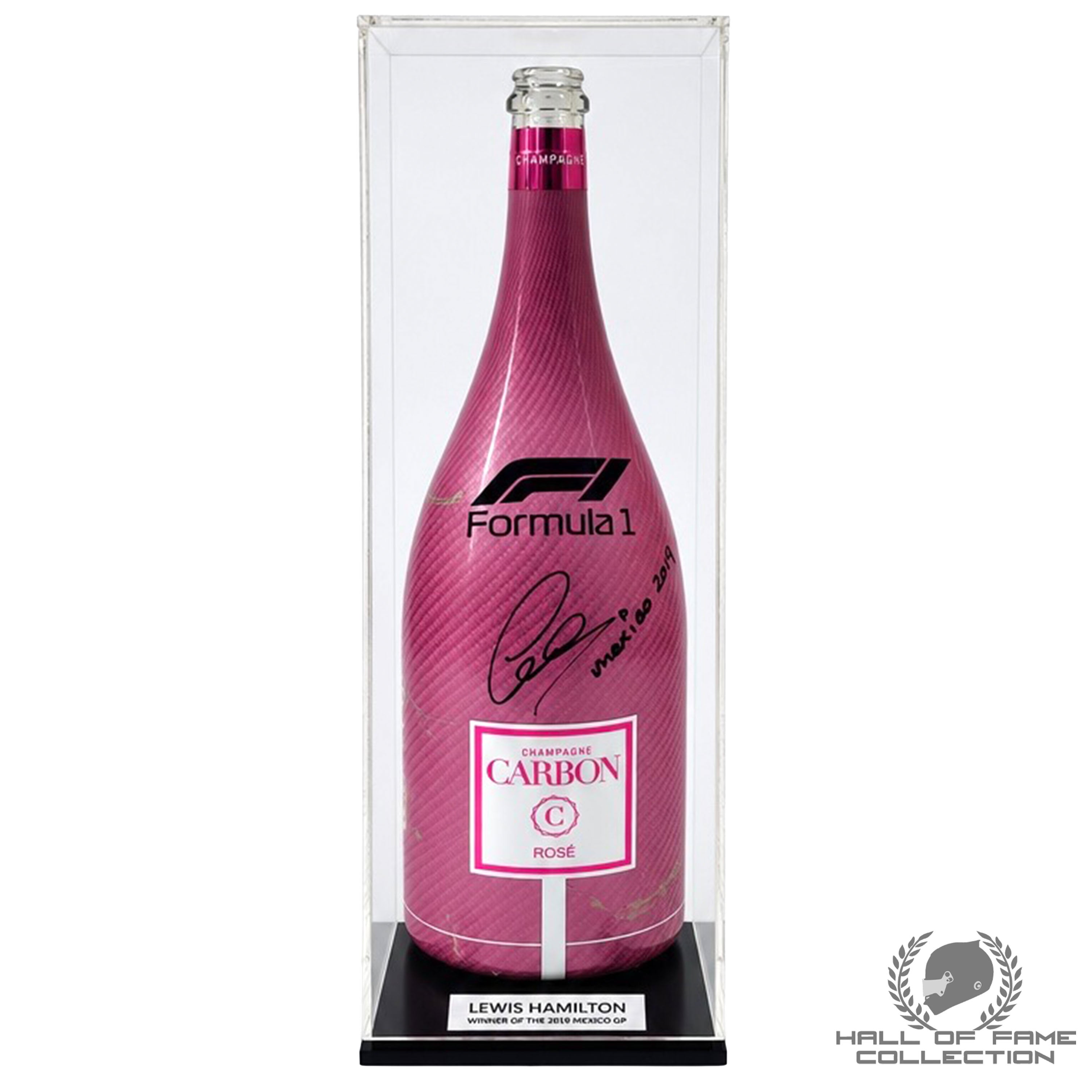 2019 Lewis Hamilton Signed Mexican GP Paddock Club Used F1 Carbon Pink Champagne Bottle