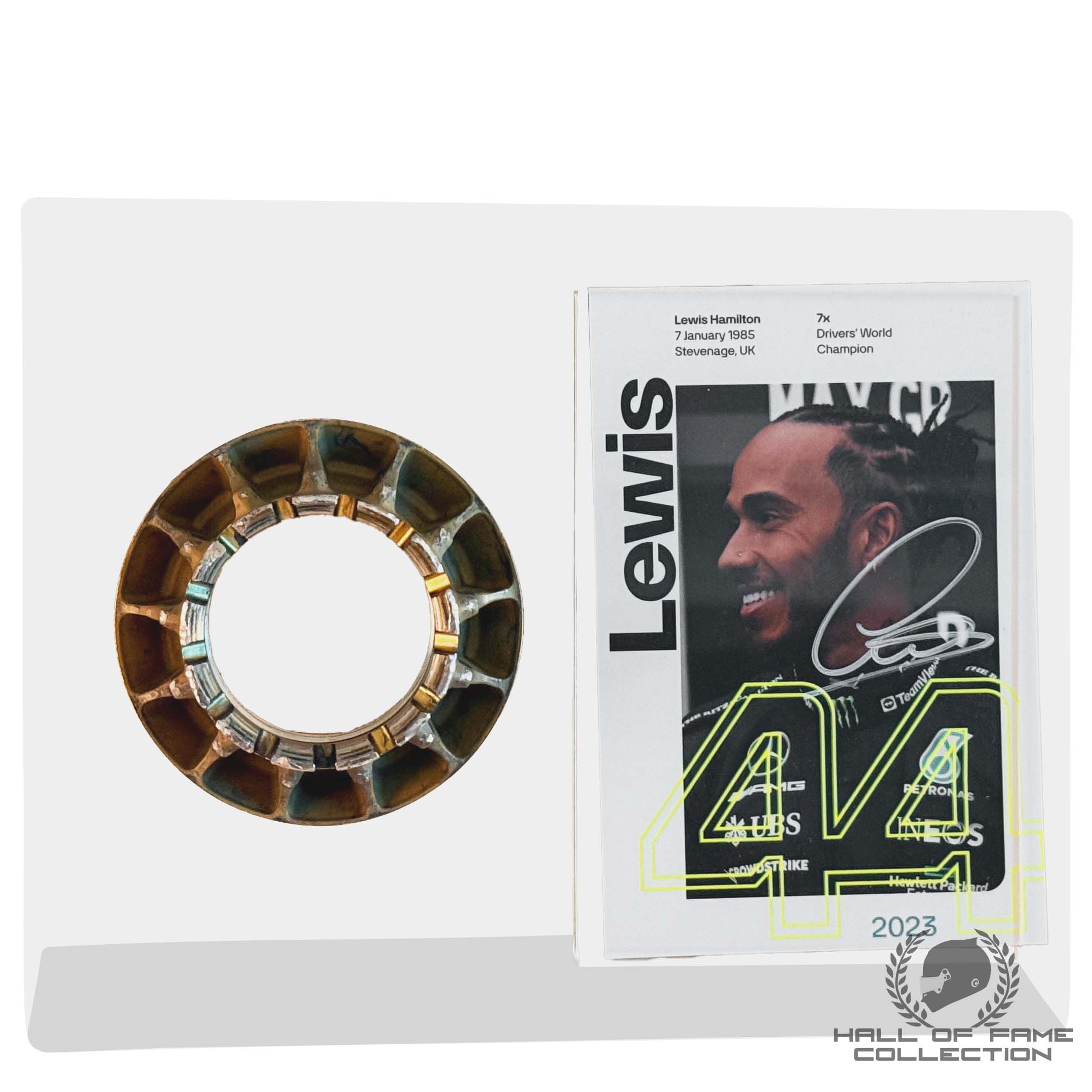 Wheel nut used in the 2021 Bahrain GP on Mercedes W12. Is also included with a signed driver card by 7x WDC, Lewis Hamilton.