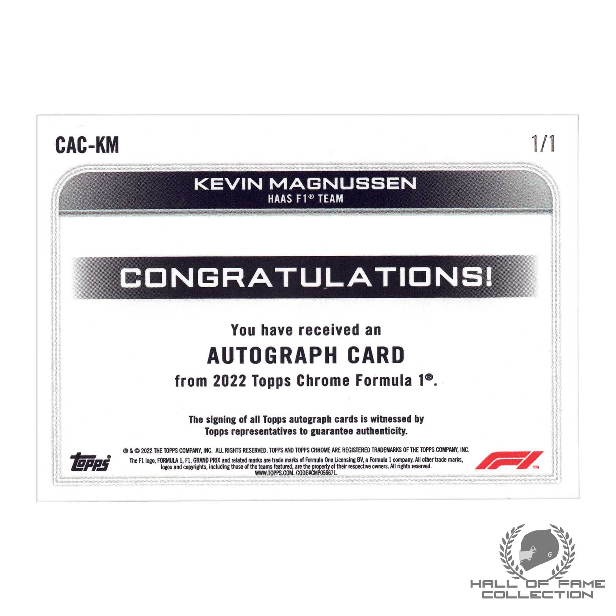 2022 Topps Chrome F1 Kevin Magnussen Superfractor Auto
