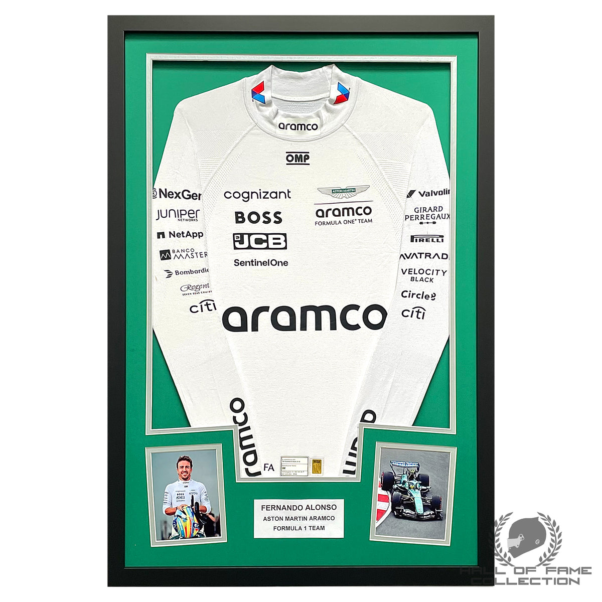 2024 Fernando Alonso Race Used Aston Martin Framed F1 Nomex