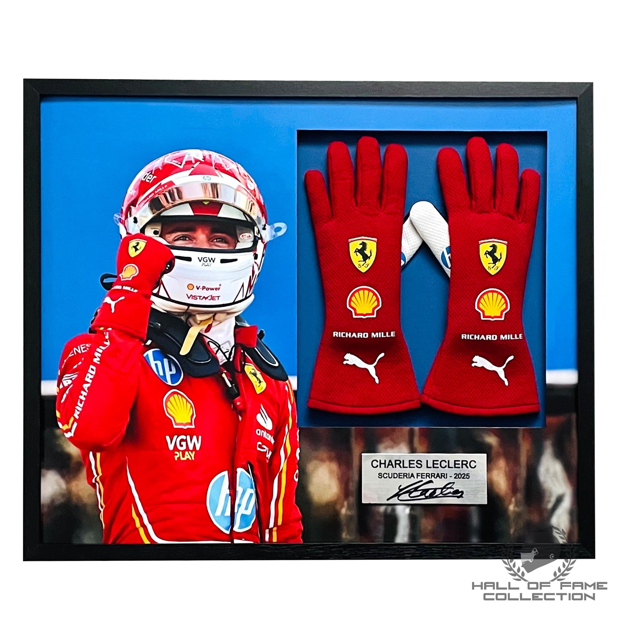 2025 Charles Leclerc Signed Scuderia Ferrari Framed F1 Gloves