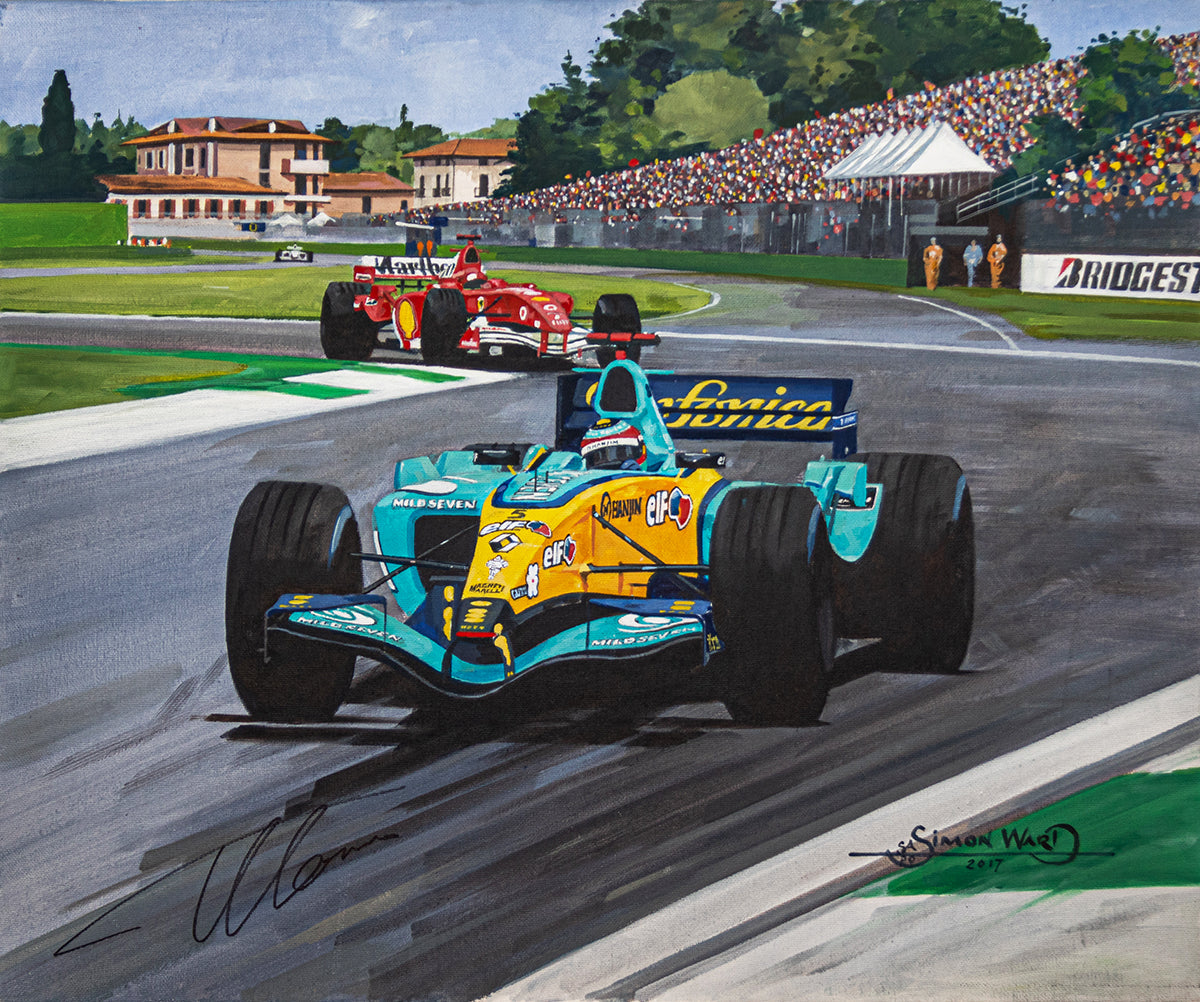 2005 Fernando Alonso Signed "San Marino Win" Simon Ward Original Artwork
