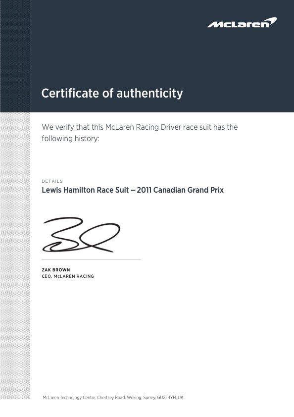 2011 Lewis Hamilton Canadian GP Weekend Used McLaren F1 Suit