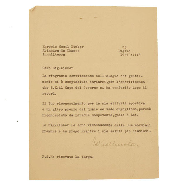 1935 Tazio Nuvolari Signed Ulster Tourist Trophy Letter