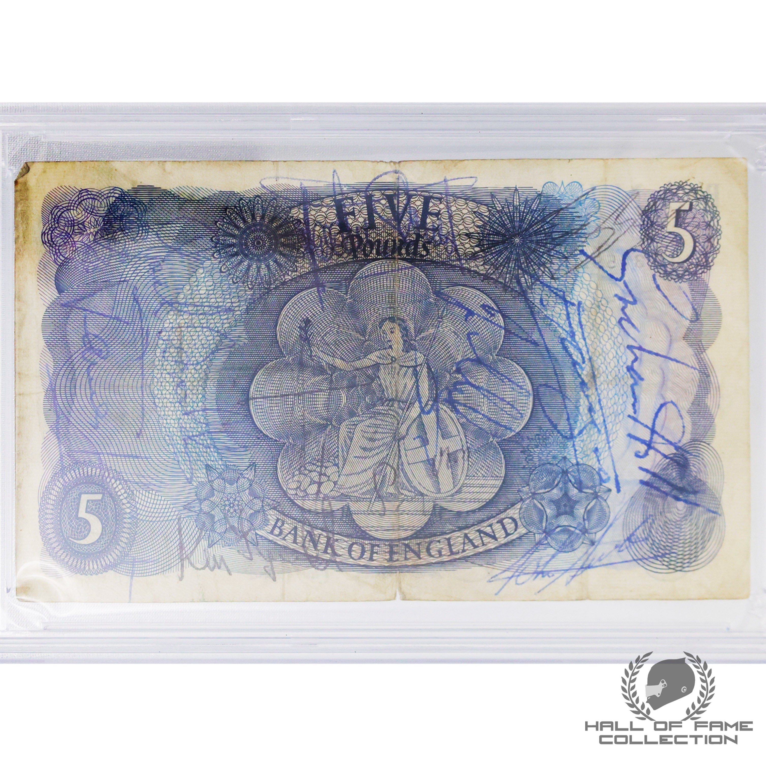 F1 World Champions Senna, Hamilton, Schumacher, Clark, Fangio G. Hill, Hunt + More Signed Bank Five Pound Note PSA F1 Slab