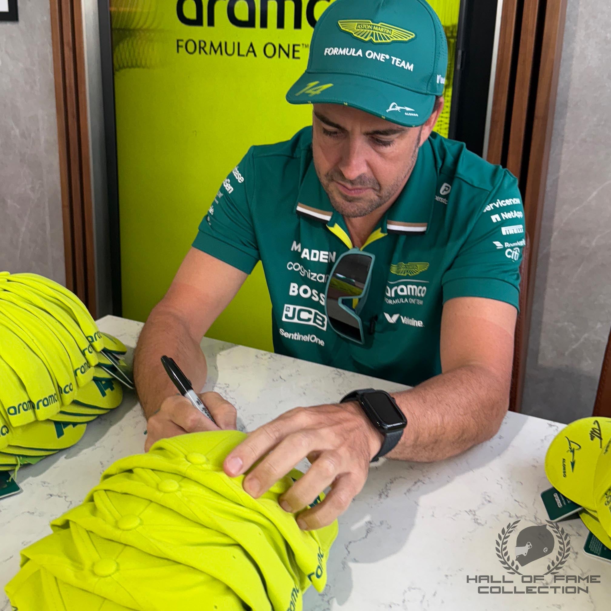 Fernando Alonso Signed Aston Martin Team F1 Hat - Lime