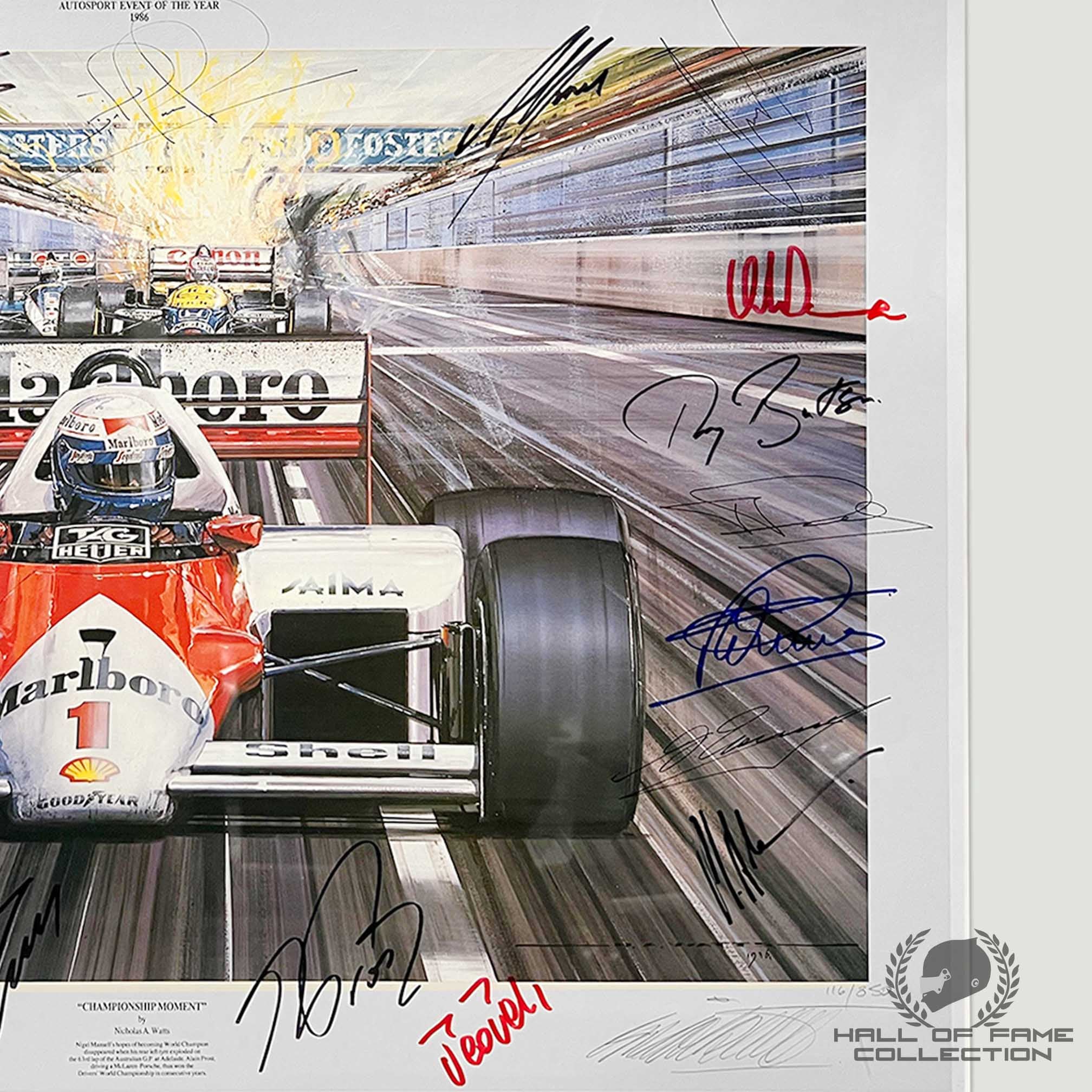 1986 Alain Prost "Championship Moment" Signed with 24 Autographs Nicolas Watts Framed F1 Print