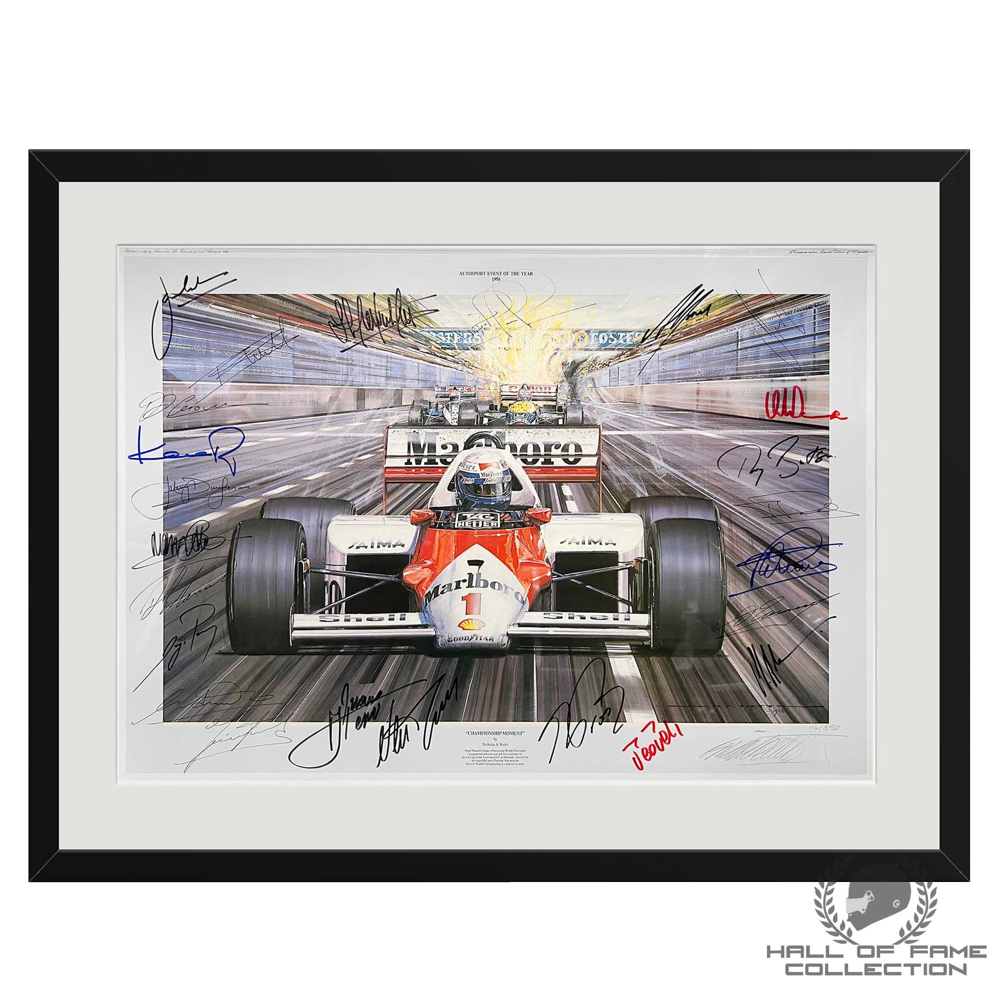 1986 Alain Prost "Championship Moment" Signed with 24 Autographs Nicolas Watts Framed F1 Print