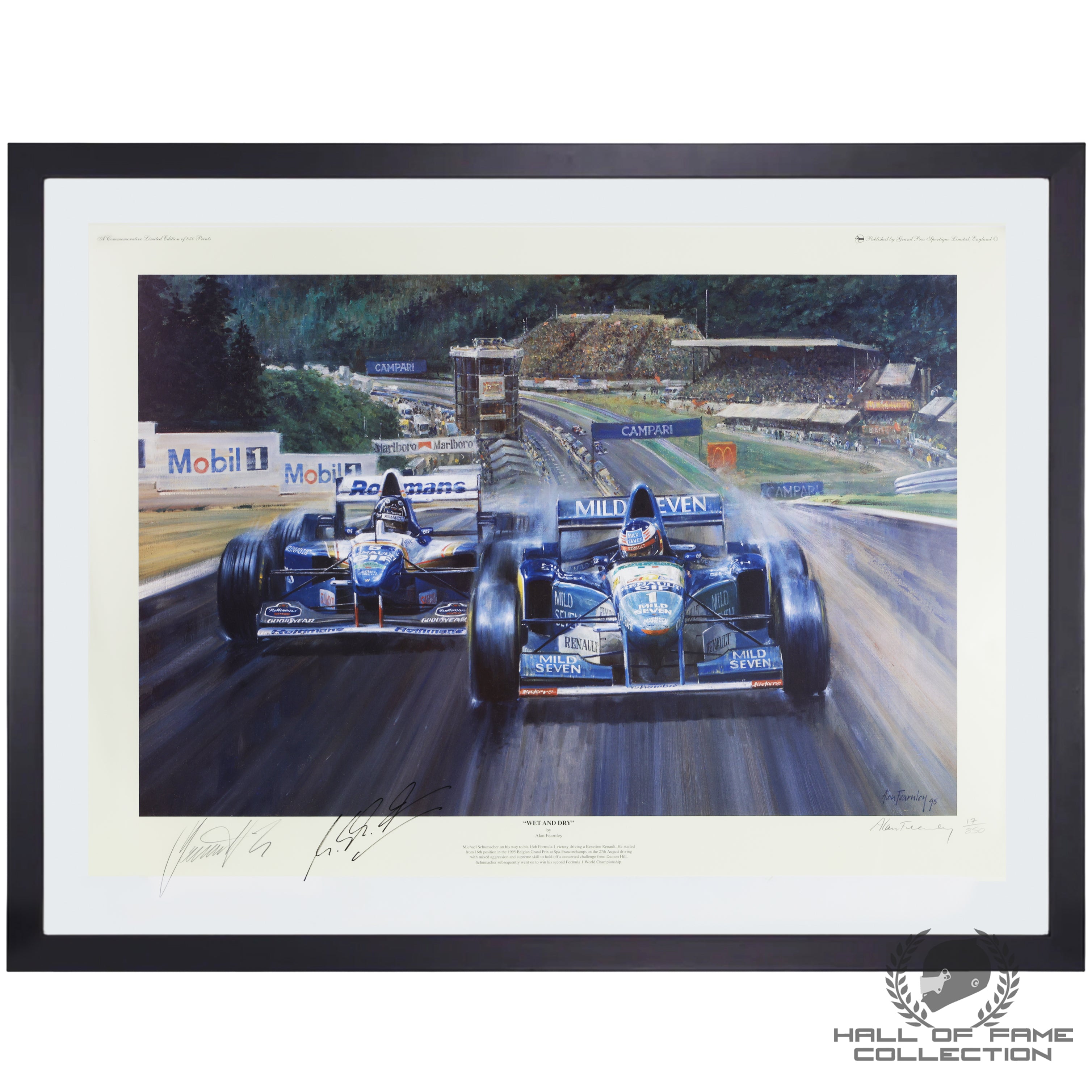 1995 Michael Schumacher & Damon Hill signed 'Wet and Dry' Framed Print