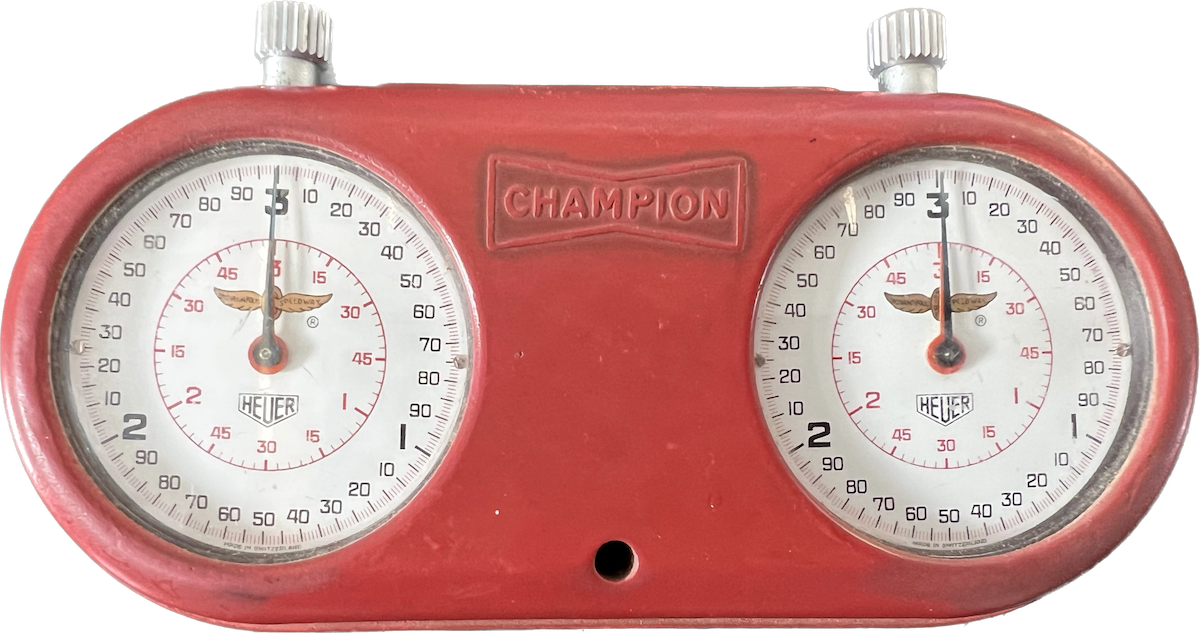 Ron Burton’s Original Champion Spark Plug Heuer Indianapolis Motor Speedway Stopwatch Set