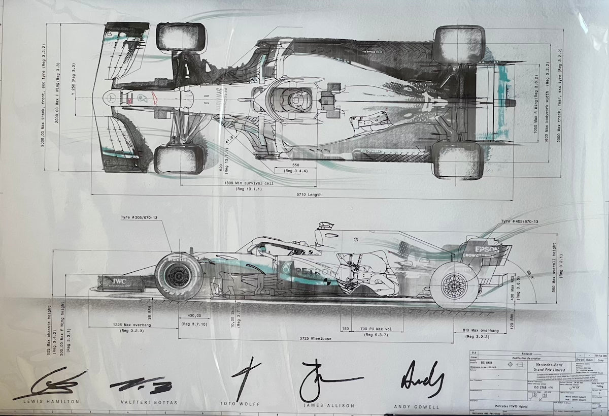 2019 Lewis Hamilton Valtteri Bottas Toto Wolff James Allison Andy Cowell Signed Mercedes W10 F1 Print