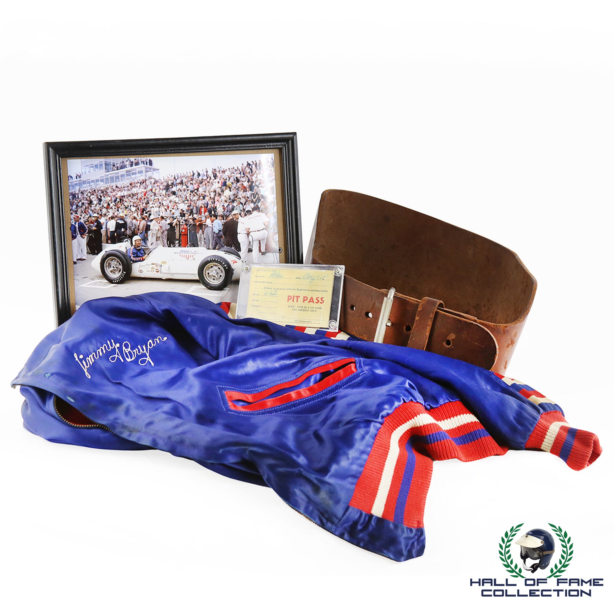 1957 Jimmy Bryan Race Worn Indy 500 Jacket, Belt and Signed Pit Pass