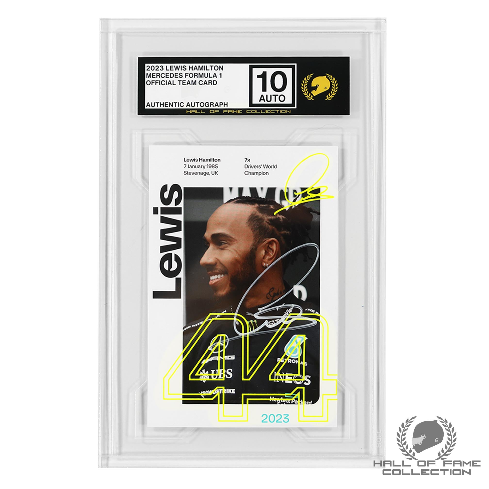 Lewis Hamilton Autographed HOFC Authenticated Box Topper Size Trading Card Slab