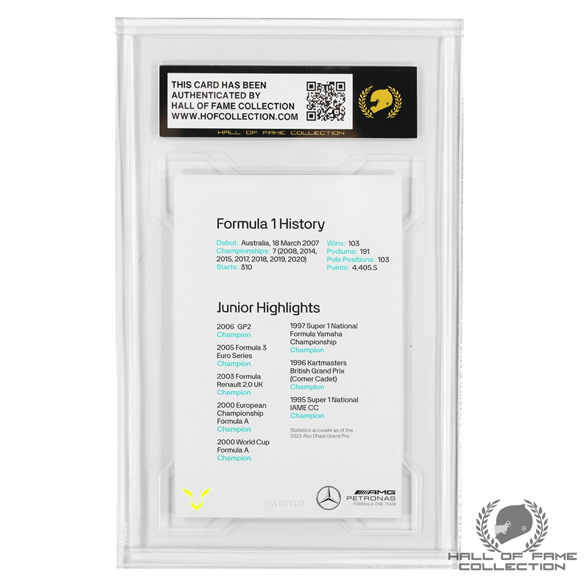 Lewis Hamilton Autographed HOFC Authenticated Box Topper Size Trading Card Slab