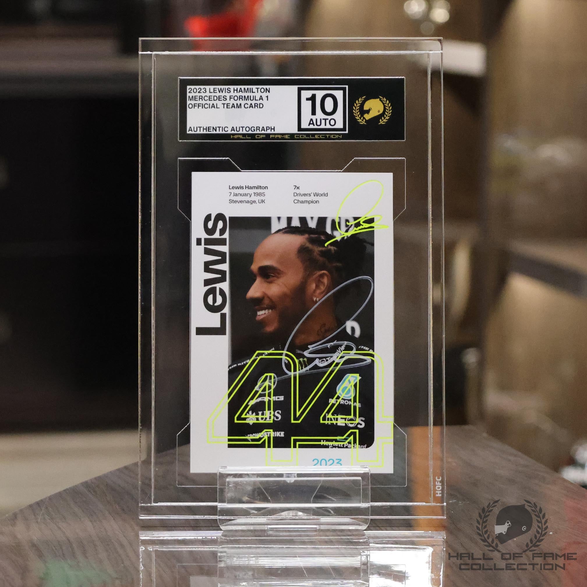 Lewis Hamilton Autographed HOFC Authenticated Box Topper Size Trading Card Slab