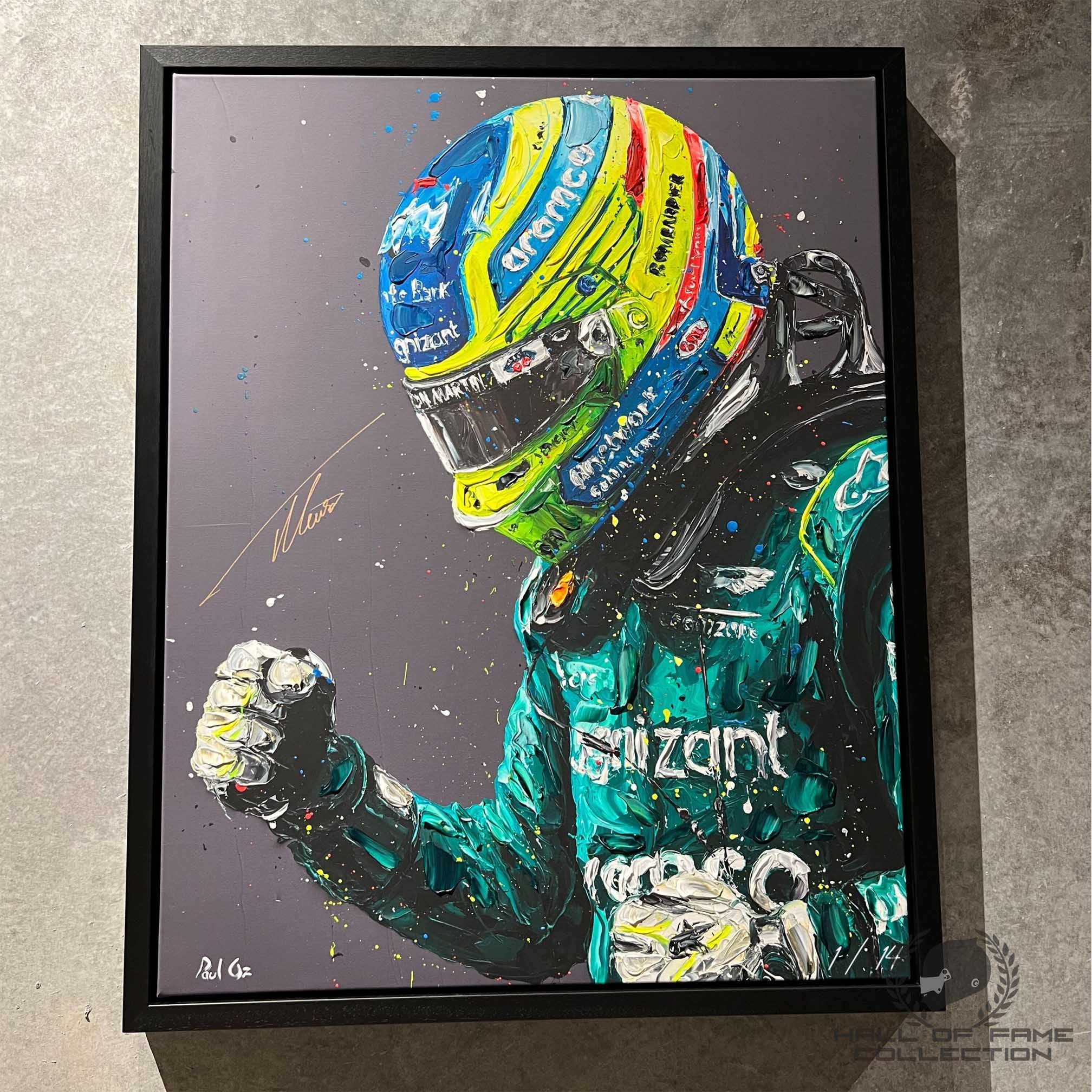 2023 Fernando Alonso Signed Aston Martin Hand Embellished Portrait Print Paul Oz Artwork