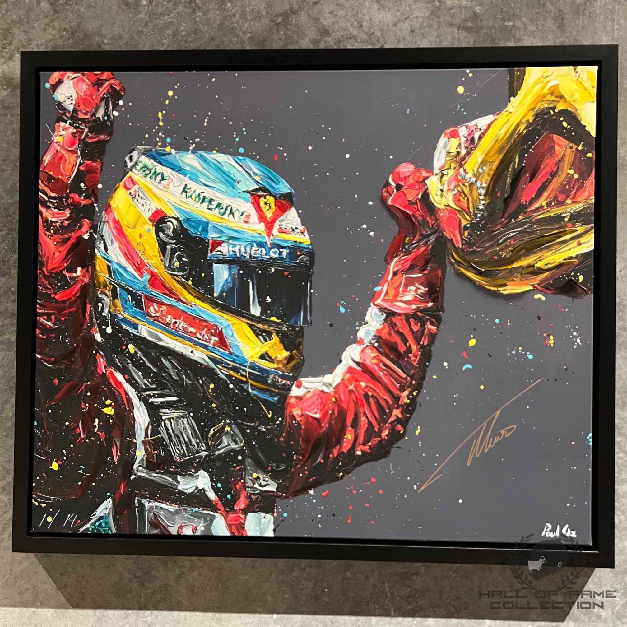 Fernando Alonso Signed Scuderia Ferrari Hand Embellished Portrait Print Paul Oz Artwork