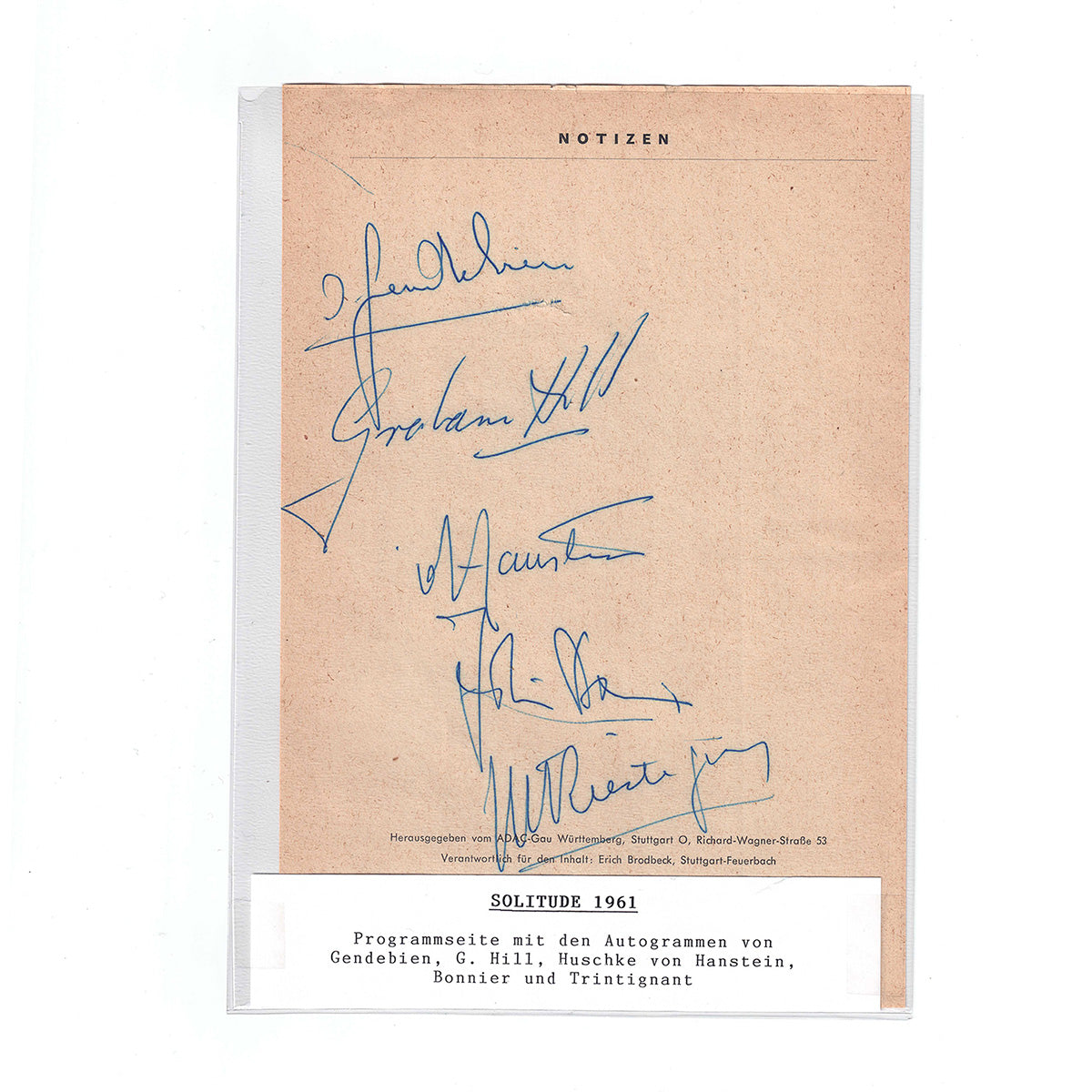 1961 Graham Hill Jo, Bonnier Maurice, Trintignant, Olivier Gendebien, Huschke von Hanstein Signed Solitude GP 6 x 8 F1 Stationary Sheet