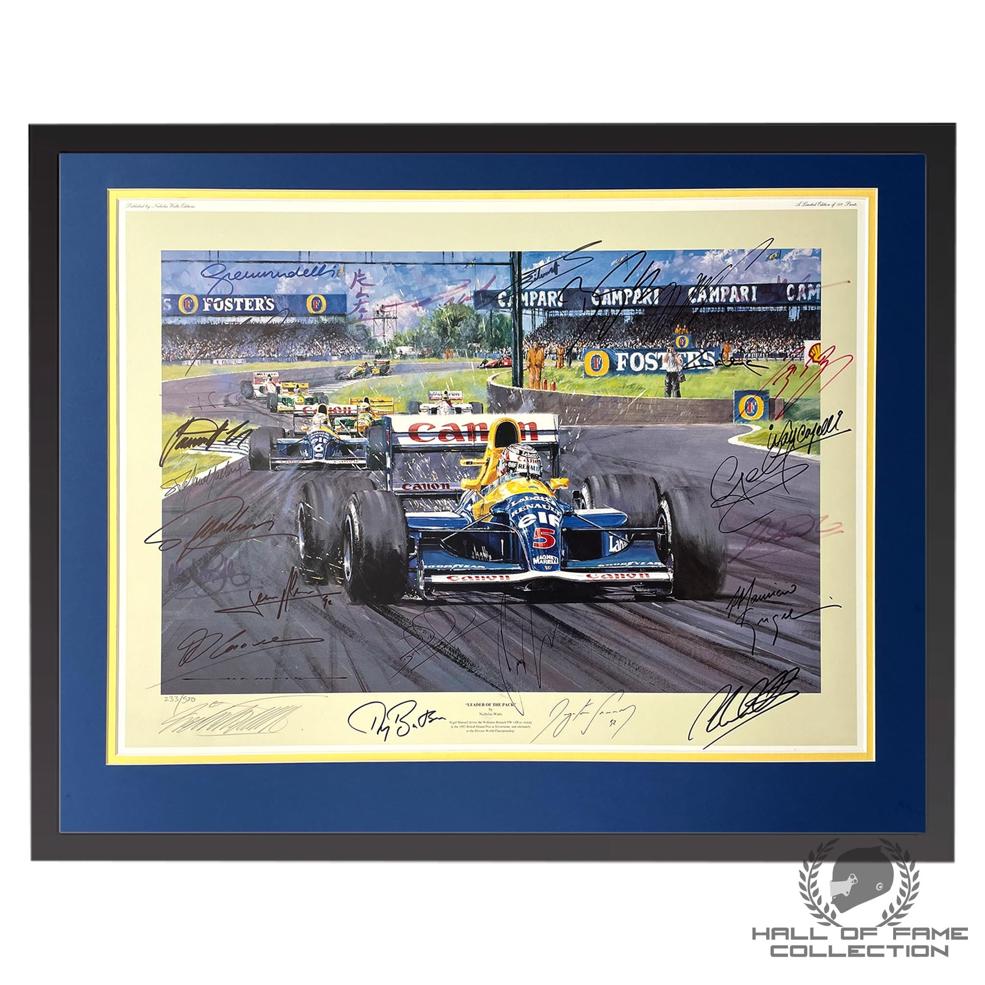 Framed artwork of a race track with cars and signatures, featuring the Hall of Fame Collection logo.