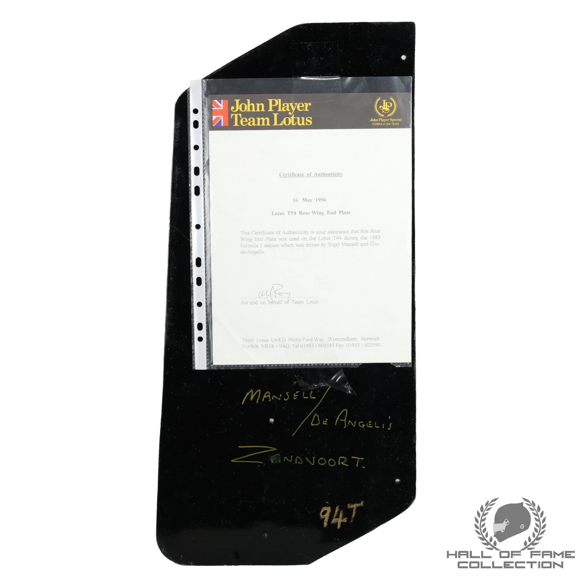 1983 Nigel Mansell / Elio De Angelis Dutch Grand Prix Used Lotus T94 F1 Rear Wing End Plate