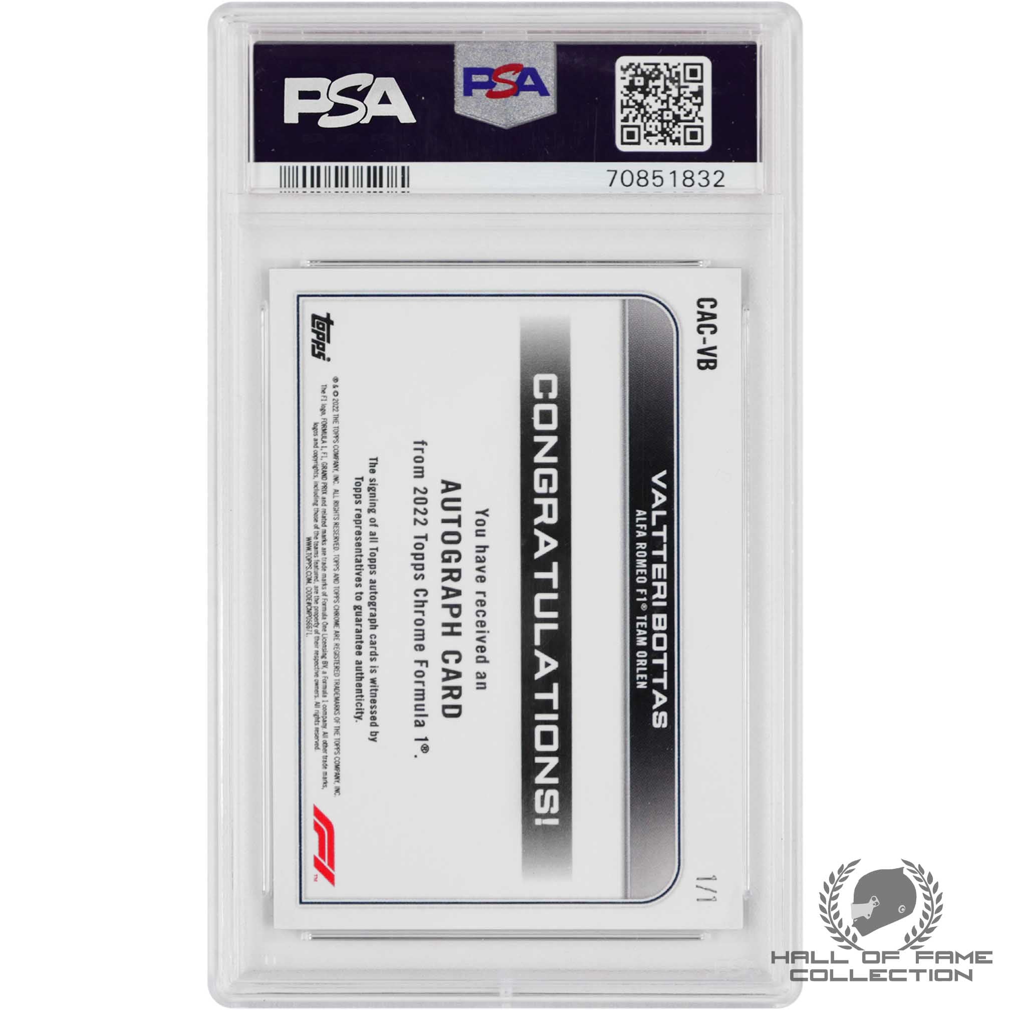 2022 Topps Chrome F1 Valtteri Bottas Superfractor Auto Mint 9