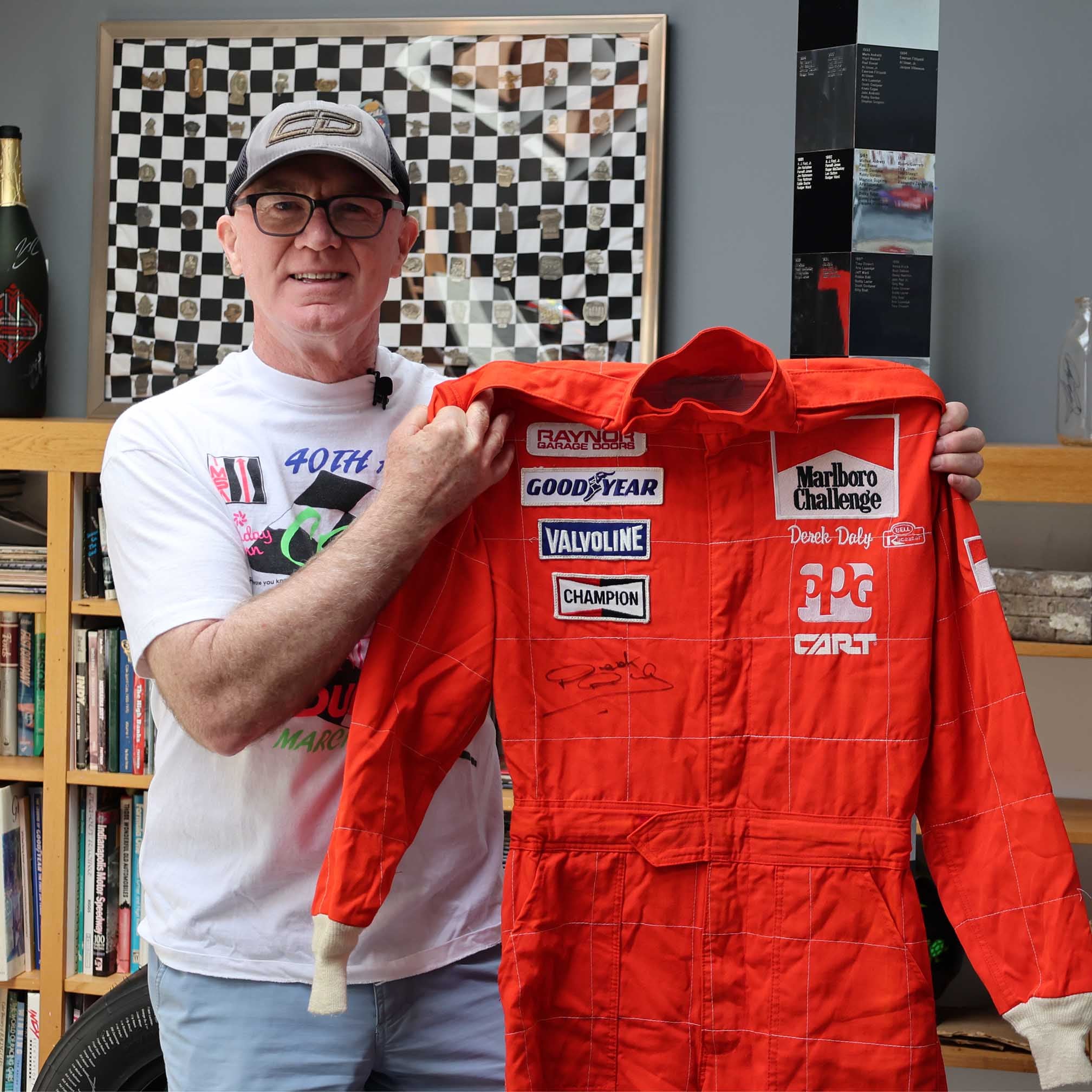 1988 Derek Daly Signed Marlboro Challenge Race Used Raynor Motorsports IndyCar Suit + Media Guide Handbook