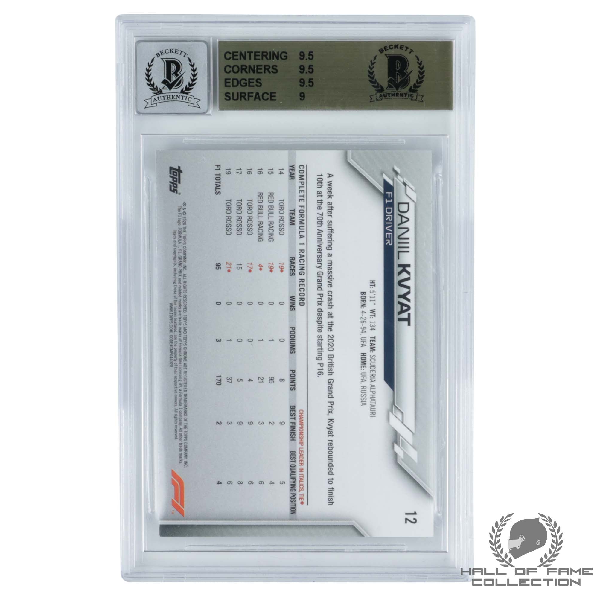 2020 Topps Chrome Formula 1 #12 Daniil Kvyat Gem Mint 9.5 Authentic Autograph 9