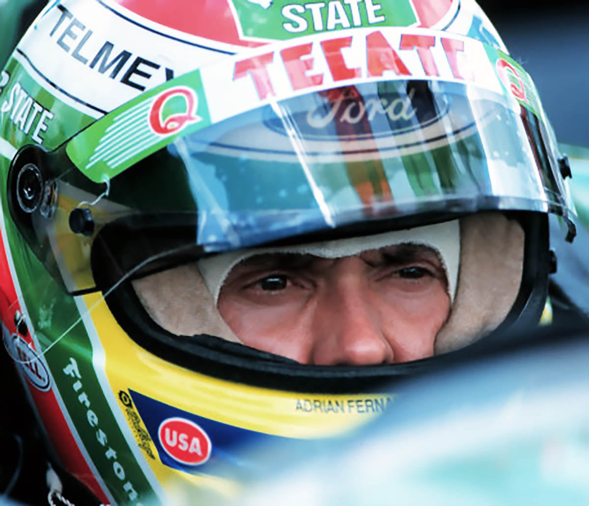 1999 Adrian Fernández Signed Race Used Pat Patrick Racing Bell Dominator IndyCar Helmet