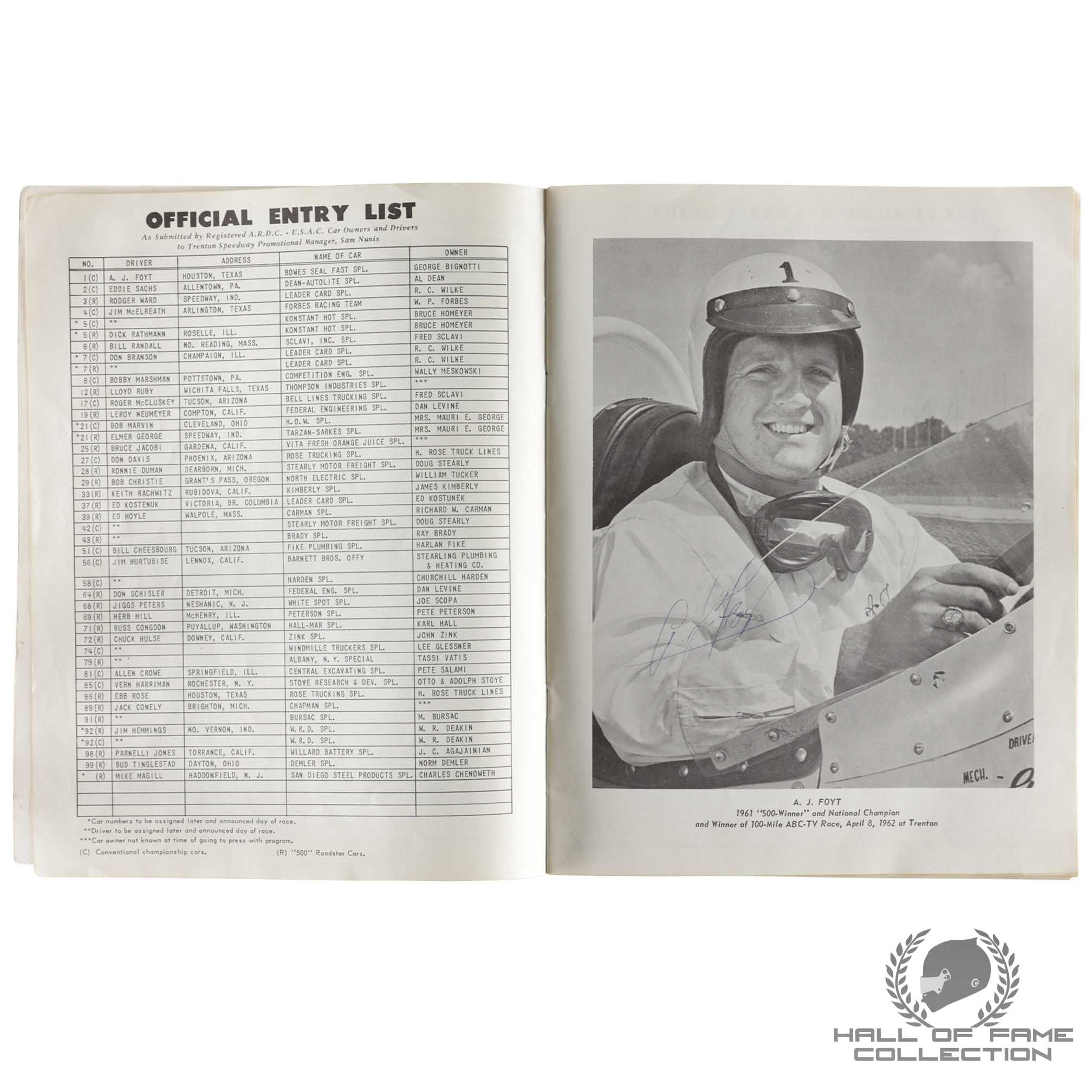 1962 USAC National Championship Trenton Program Signed By Foyt, Jones, Branson & More