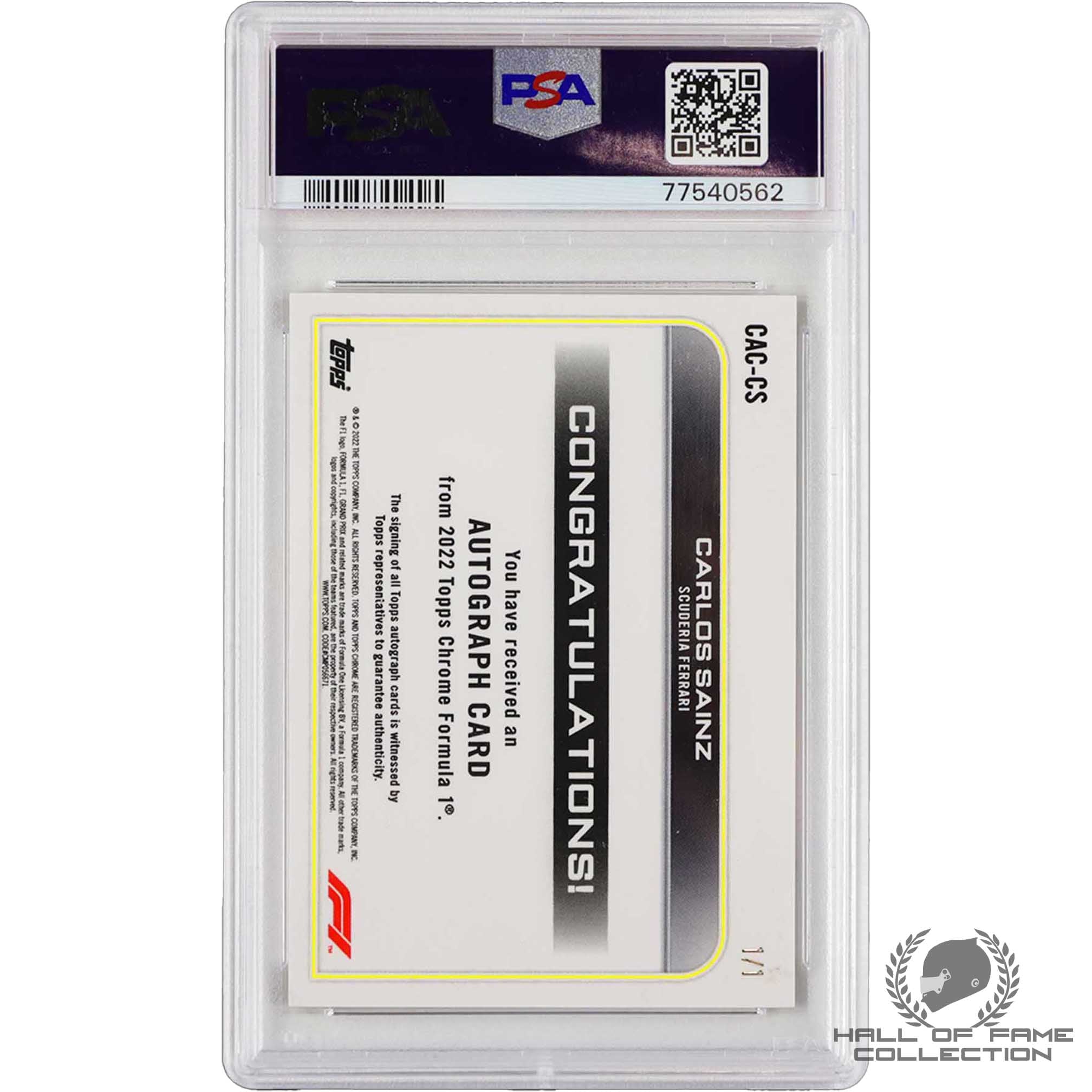 2022 Topps Chrome F1 Carlos Sainz Superfractor Auto Mint 8