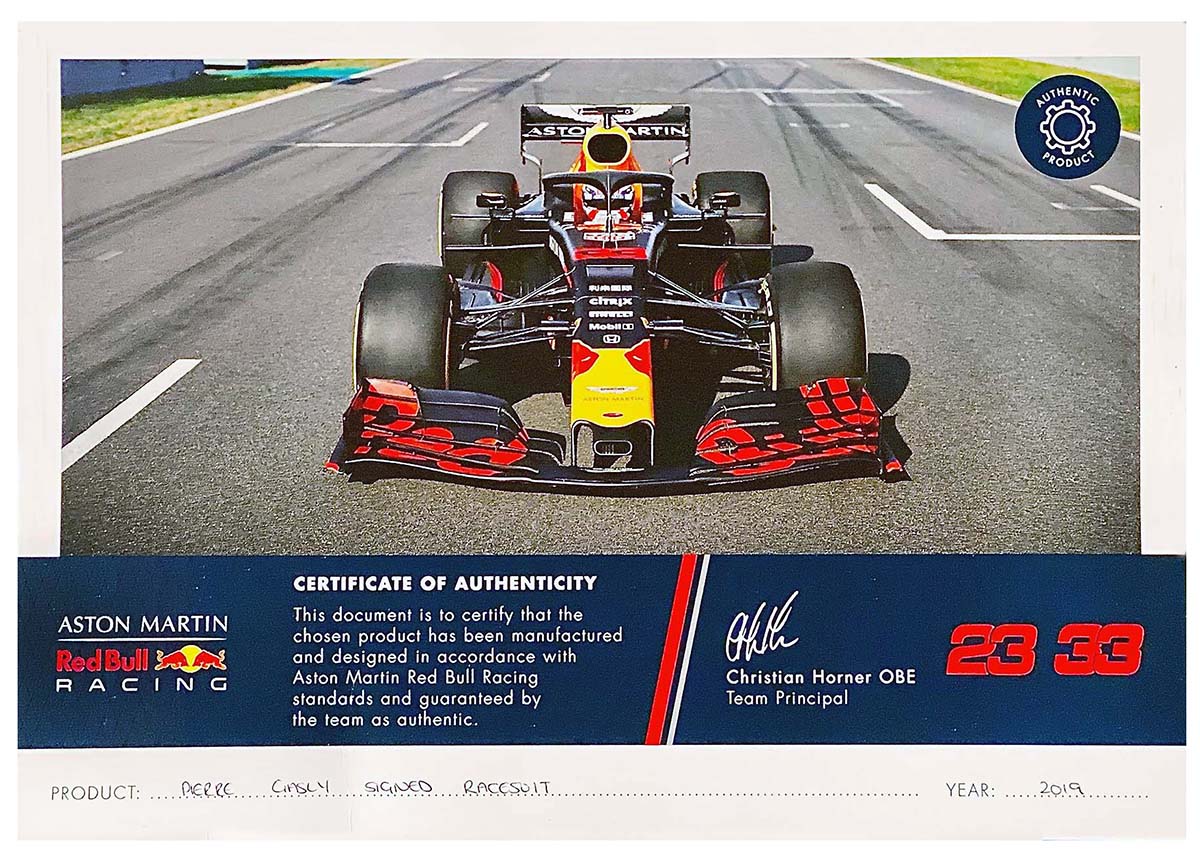 2019 Pierre Gasly Race Used Red Bull Racing F1 Suit