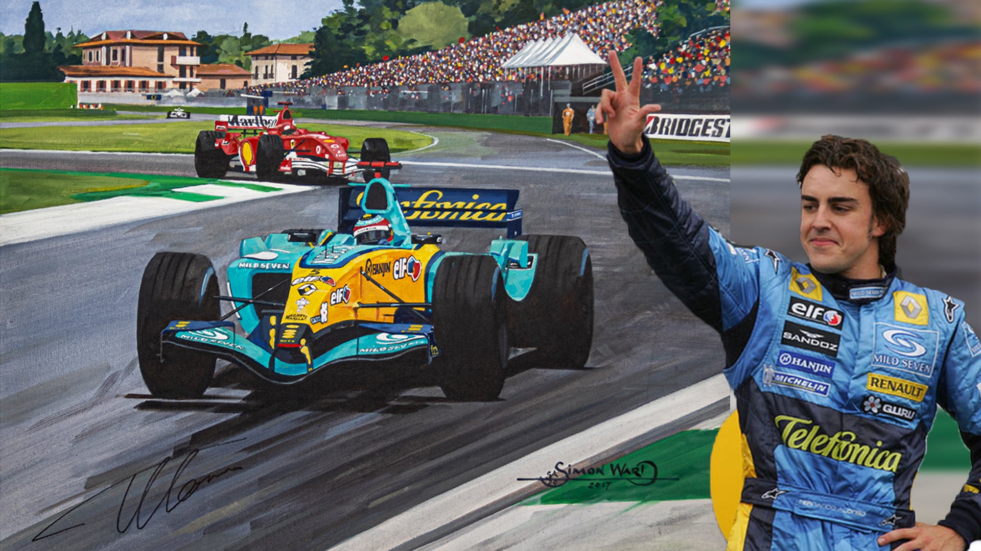 Artwork inspired by legendary Imola battle signed by Fernando Alonso